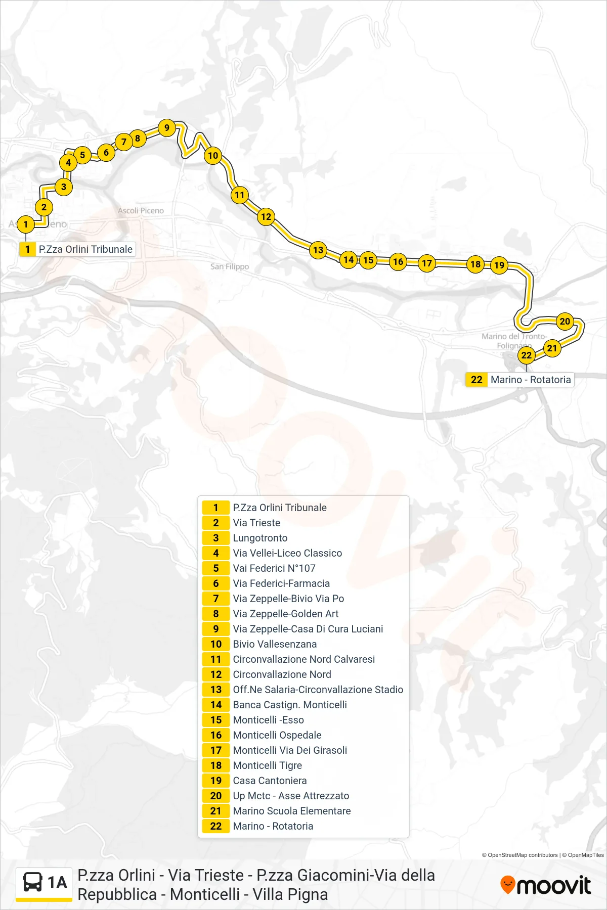 Linea 1A  bus (Marino - Rotatoria) - Percorsi e fermate sulla mappa