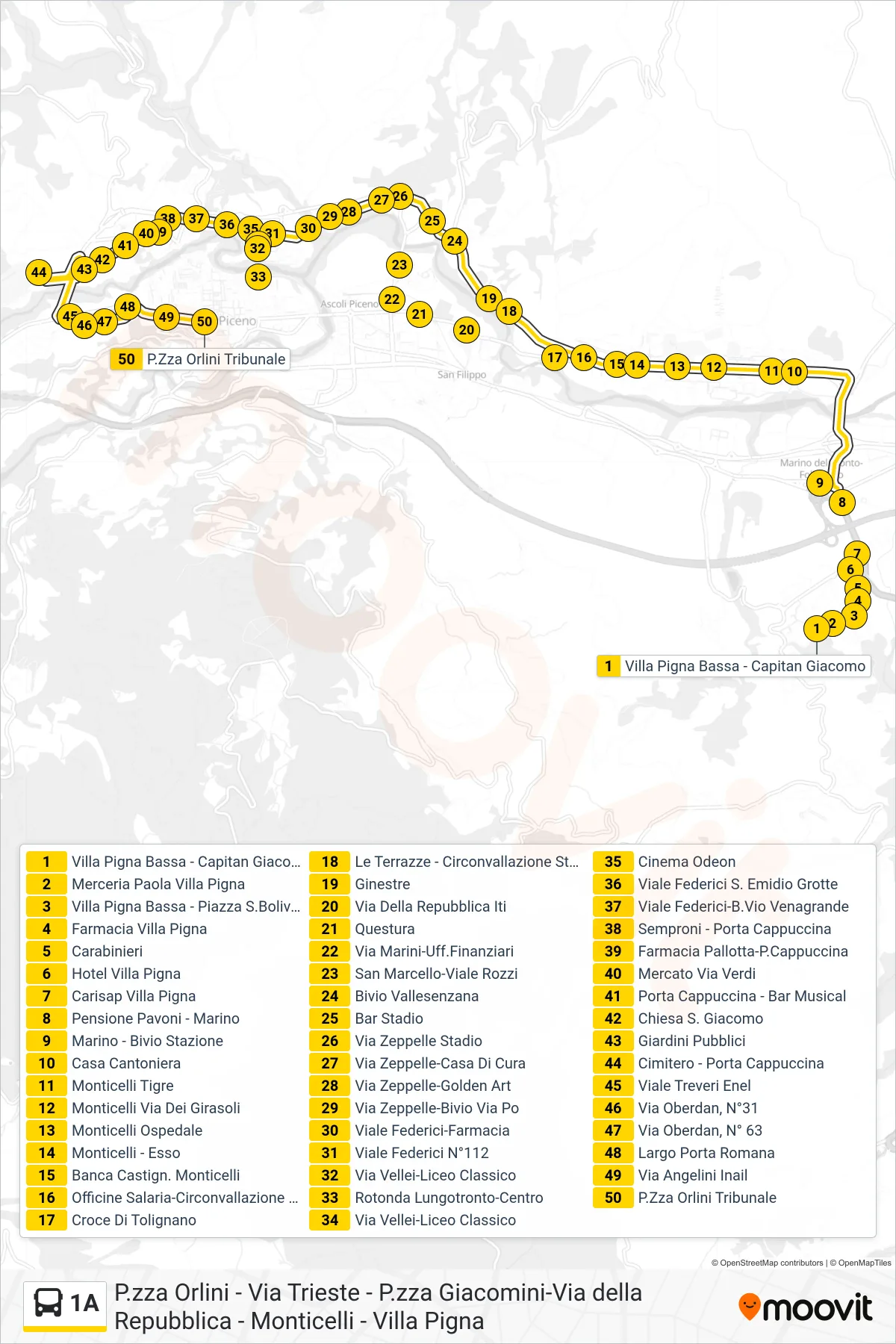 Linea 1A  bus (P.Zza Orlini Tribunale) - Percorsi e fermate sulla mappa