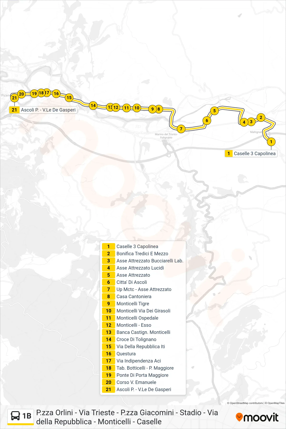 Linea 1B bus (Ascoli P. - V.Le De Gasperi) - Percorsi e fermate sulla mappa
