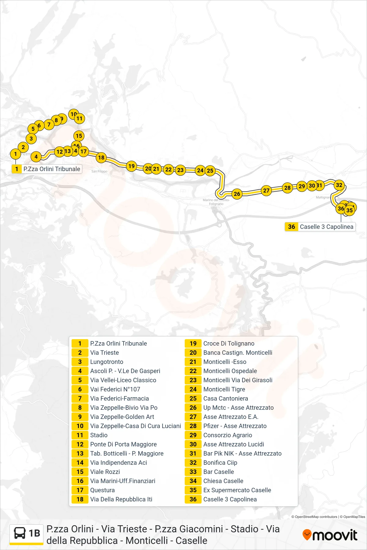 1B bus Line (Caselle 3 Terminal) route and stops on a map