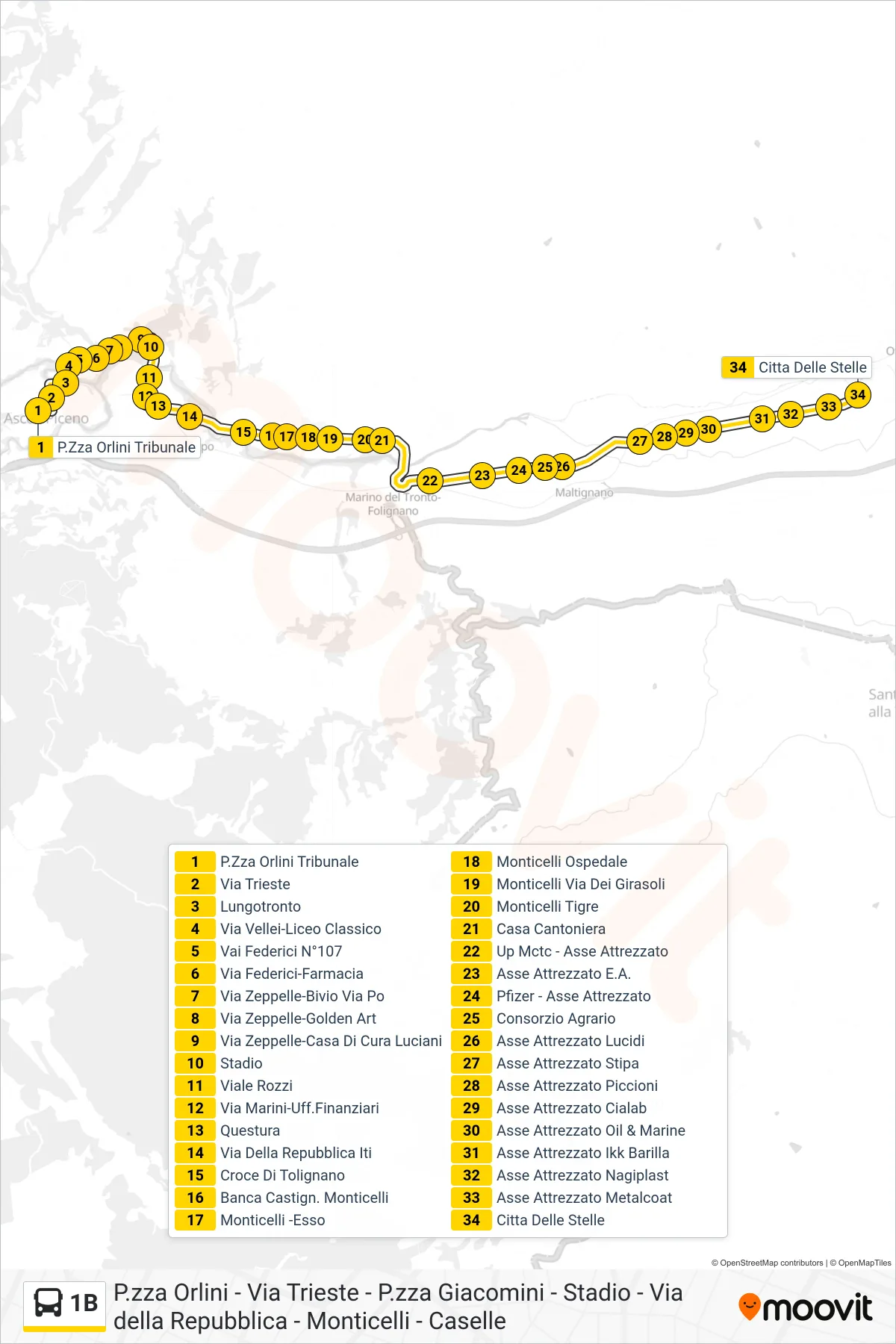Linea 1B bus (Citta Delle Stelle) - Percorsi e fermate sulla mappa