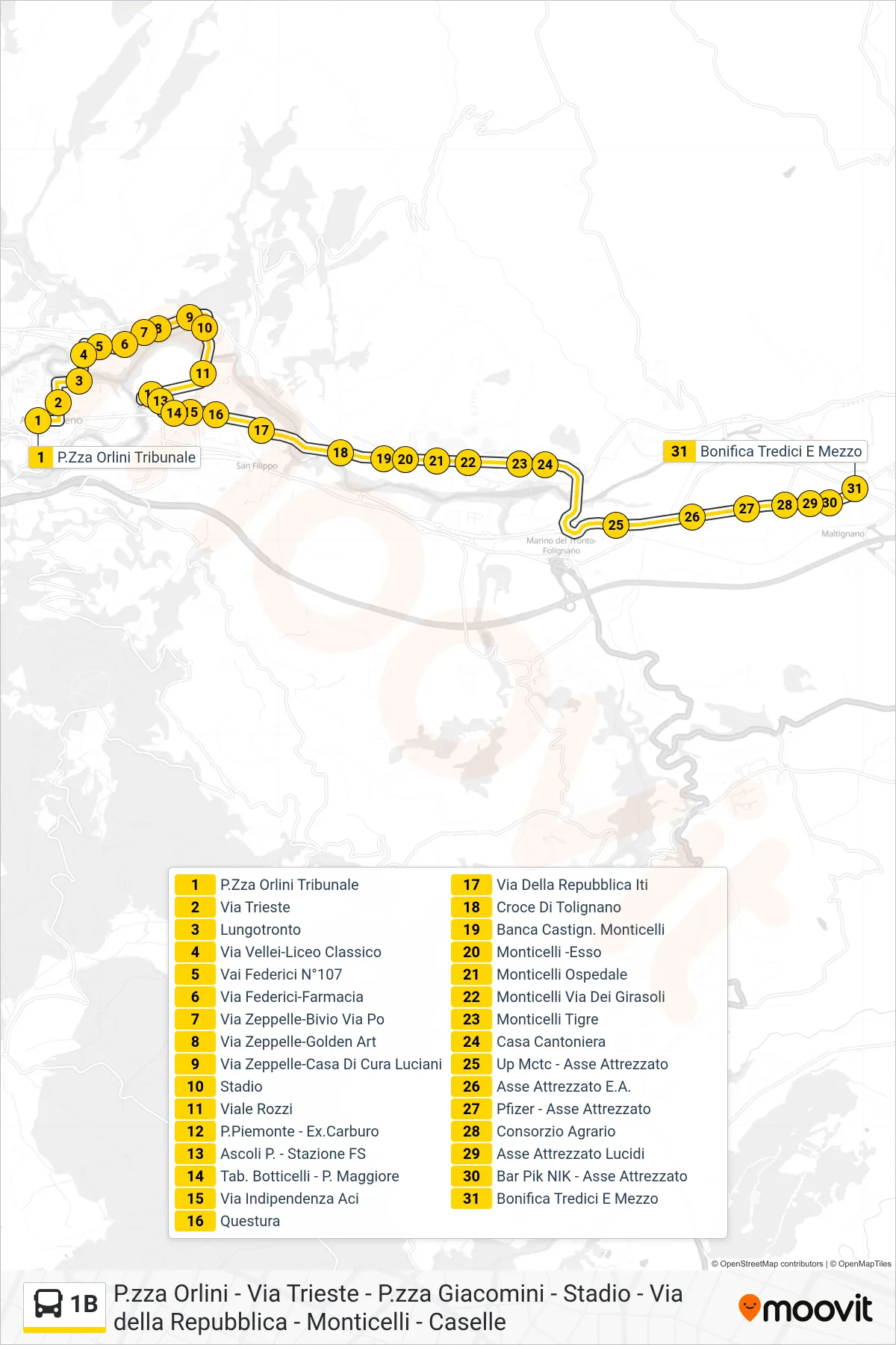 1B bus Line (Bonifica Tredici E Mezzo) route and stops on a map