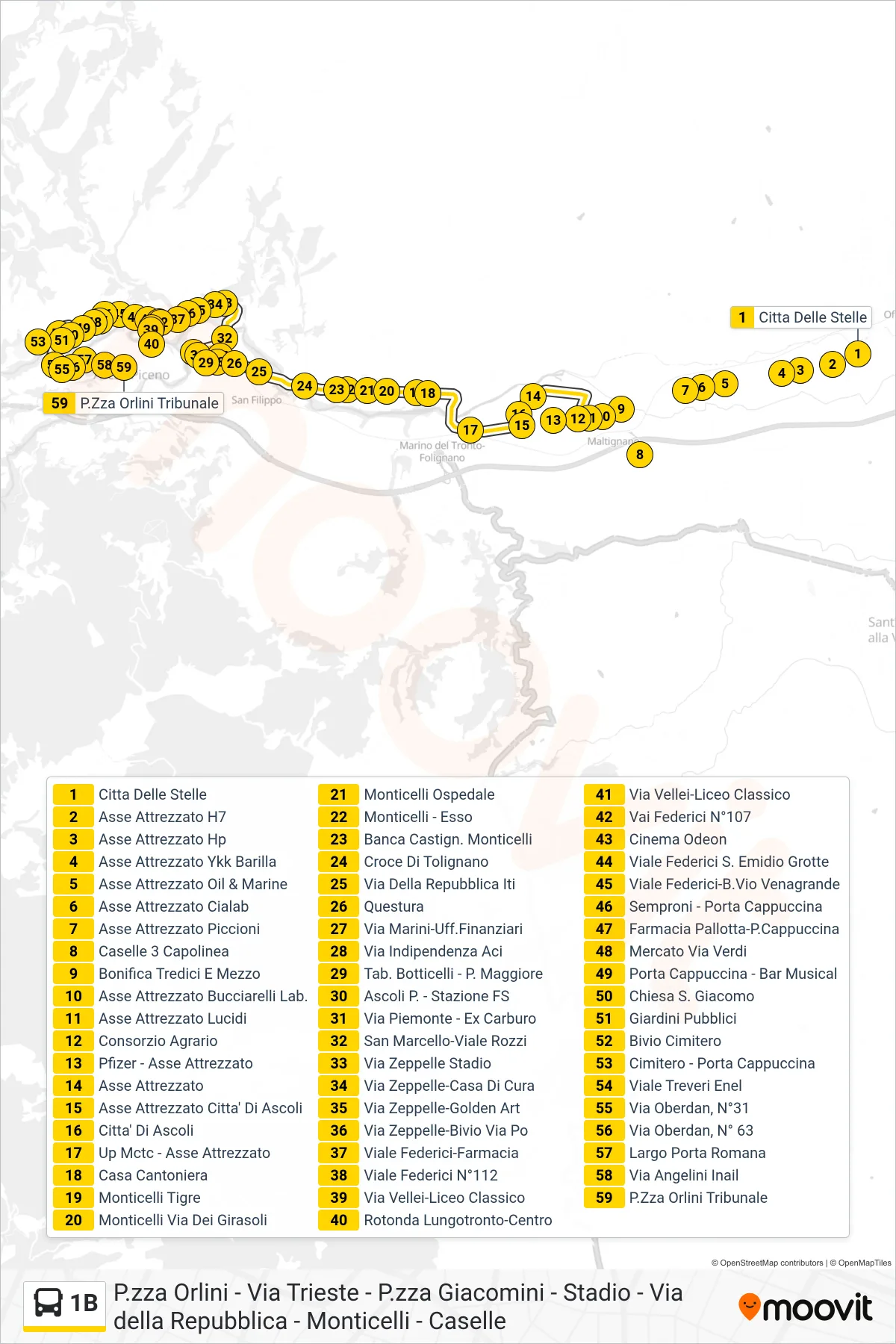 Linea 1B  bus (P.Zza Orlini Tribunale) - Percorsi e fermate sulla mappa