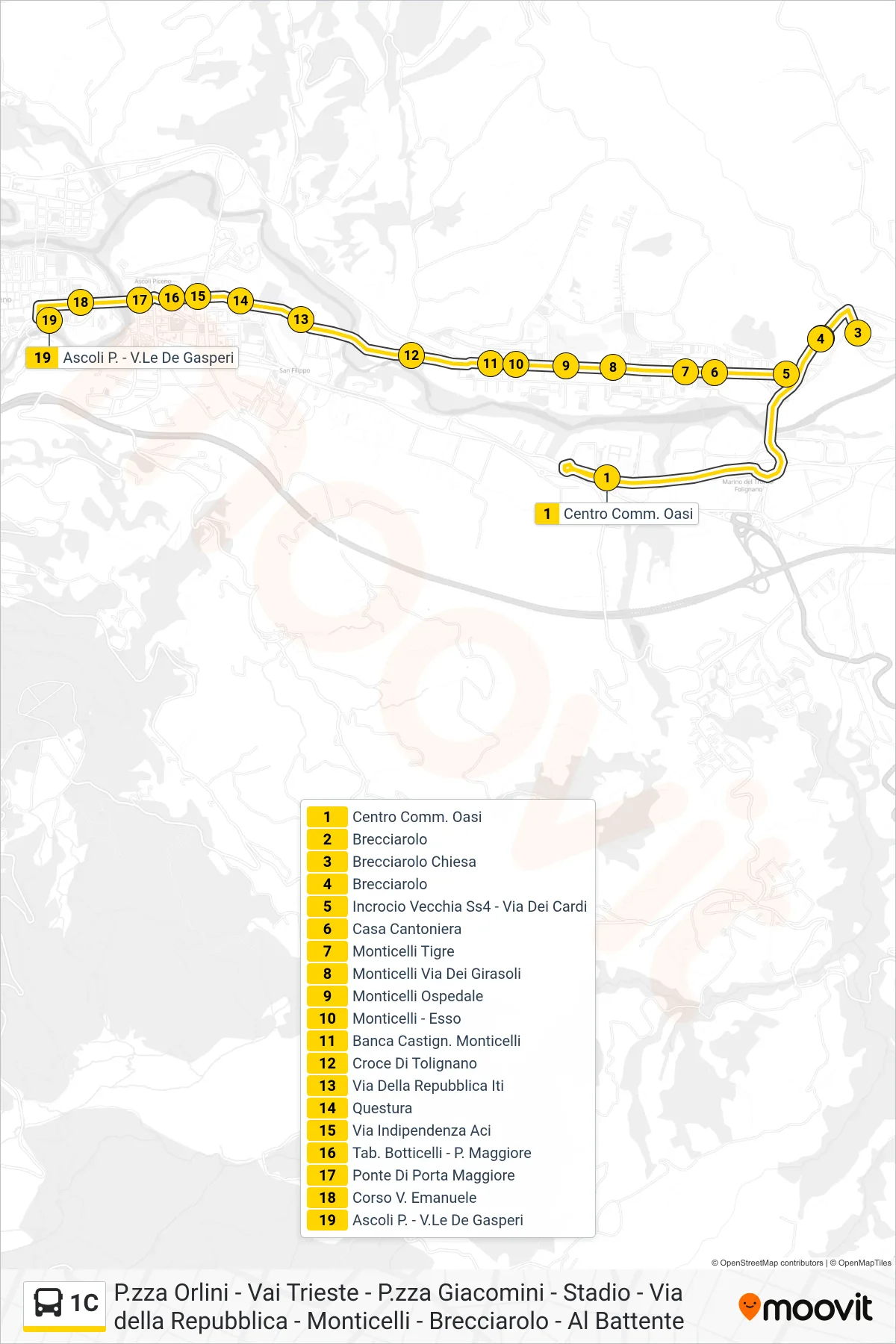 Linea 1C  bus (Ascoli P. - V.Le De Gasperi) - Percorsi e fermate sulla mappa