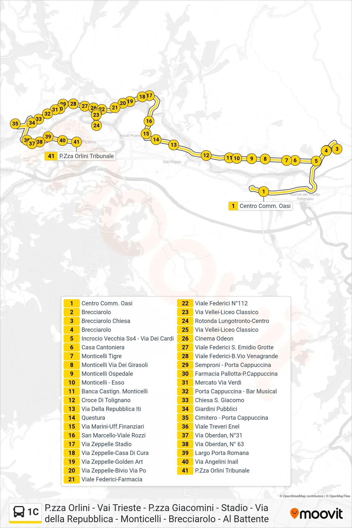 Linea 1C  bus (P.Zza Orlini Tribunale) - Percorsi e fermate sulla mappa