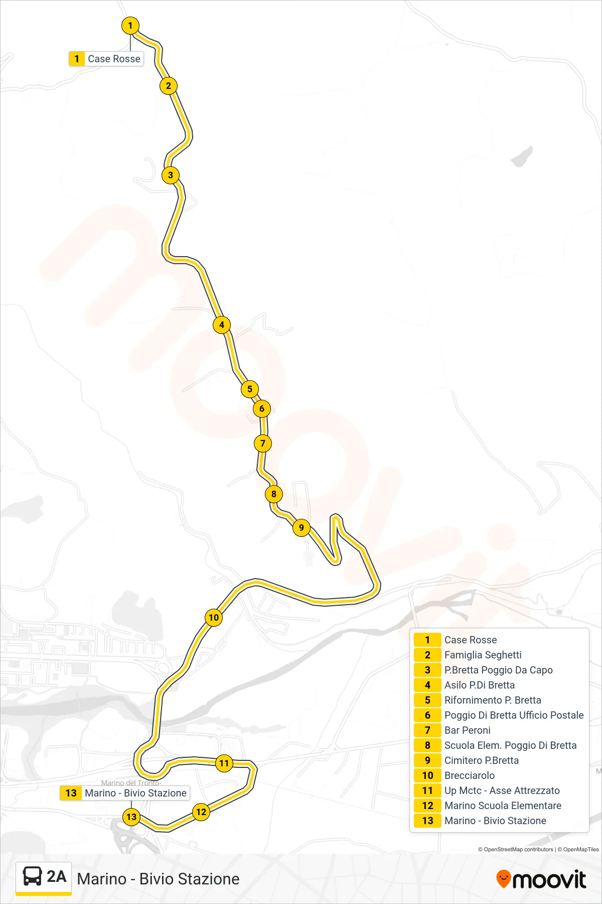 Linea 2A bus (Marino - Bivio Stazione) - Percorsi e fermate sulla mappa