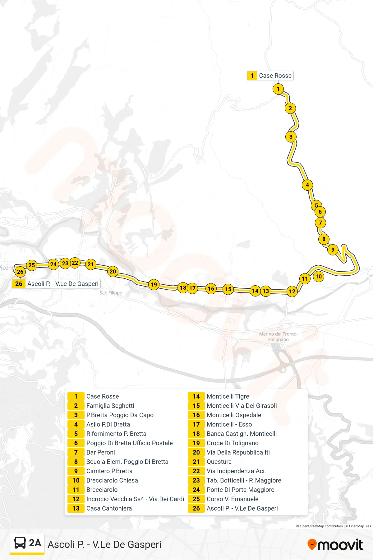 Linea 2A  bus (Ascoli P. - V.Le De Gasperi) - Percorsi e fermate sulla mappa