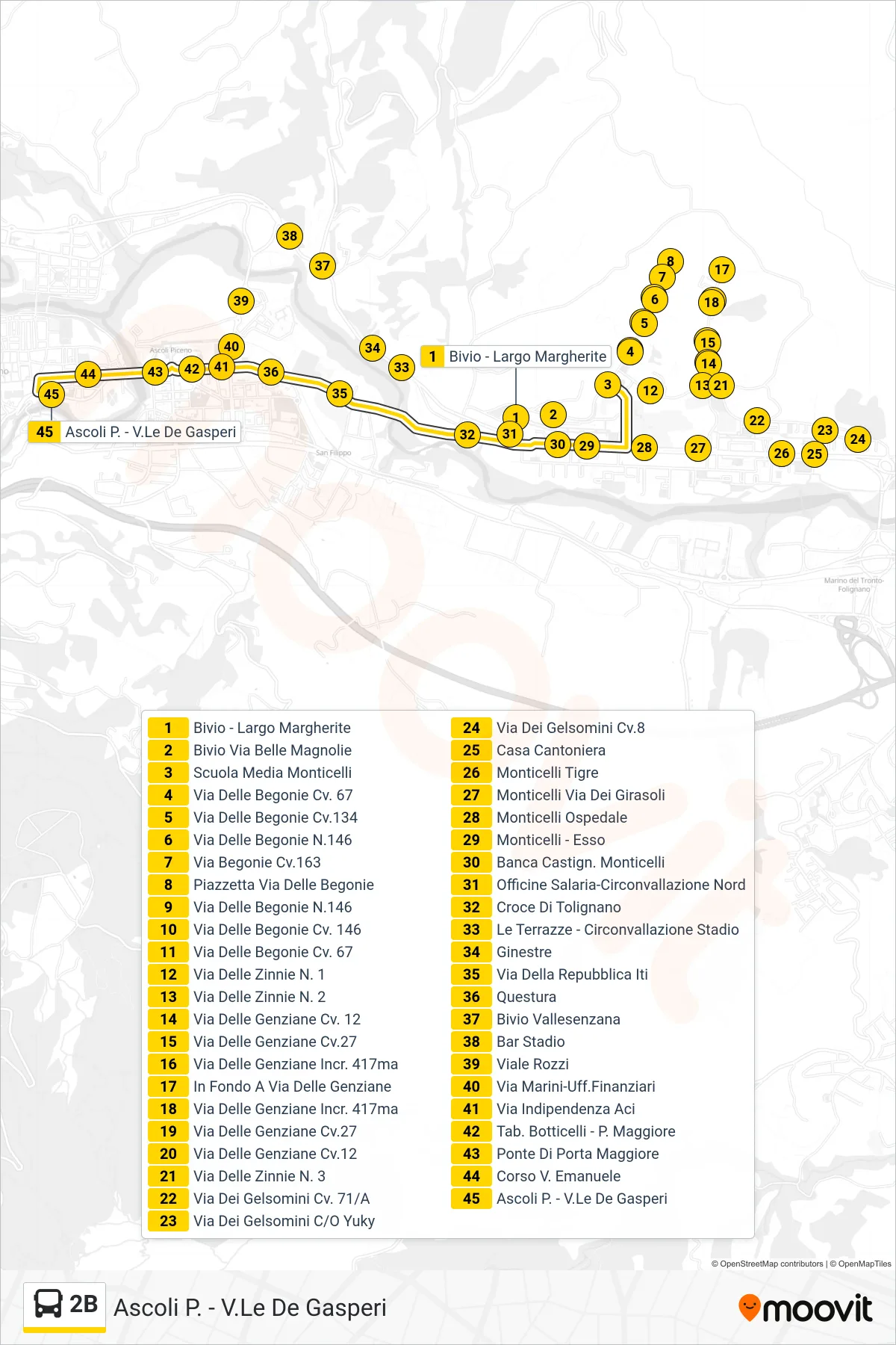Linea 2B bus (Ascoli P. - V.Le De Gasperi) - Percorsi e fermate sulla mappa