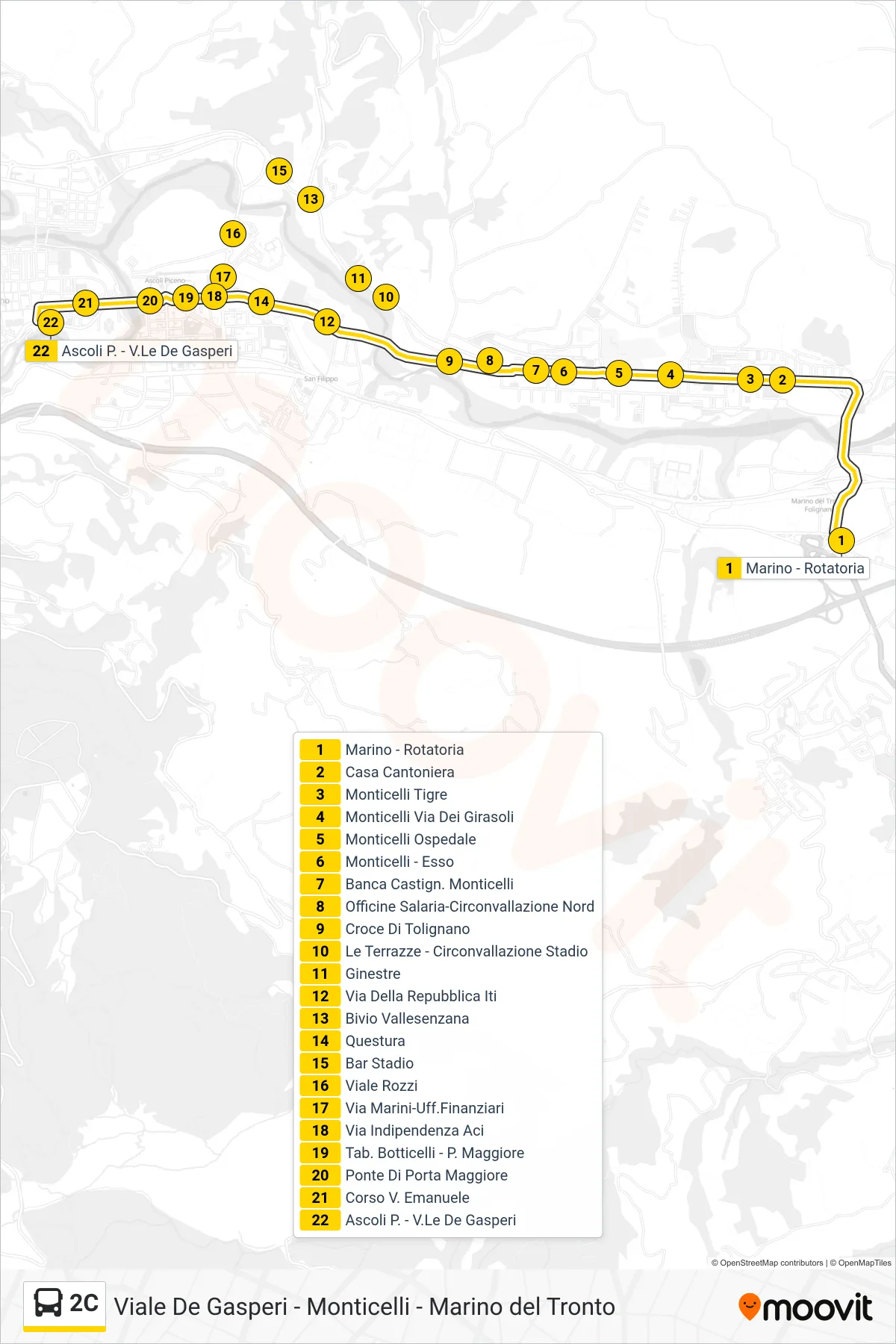Linea 2C bus (Ascoli P. - V.Le De Gasperi) - Percorsi e fermate sulla mappa