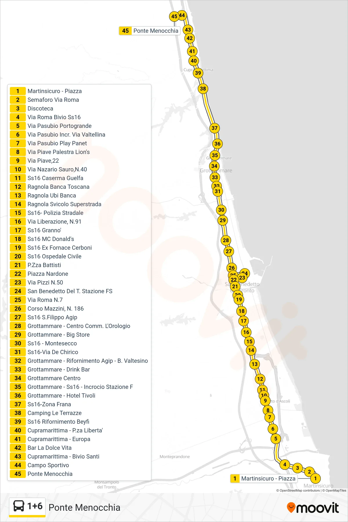 Linea 1+6 bus (Ponte Menocchia) - Percorsi e fermate sulla mappa