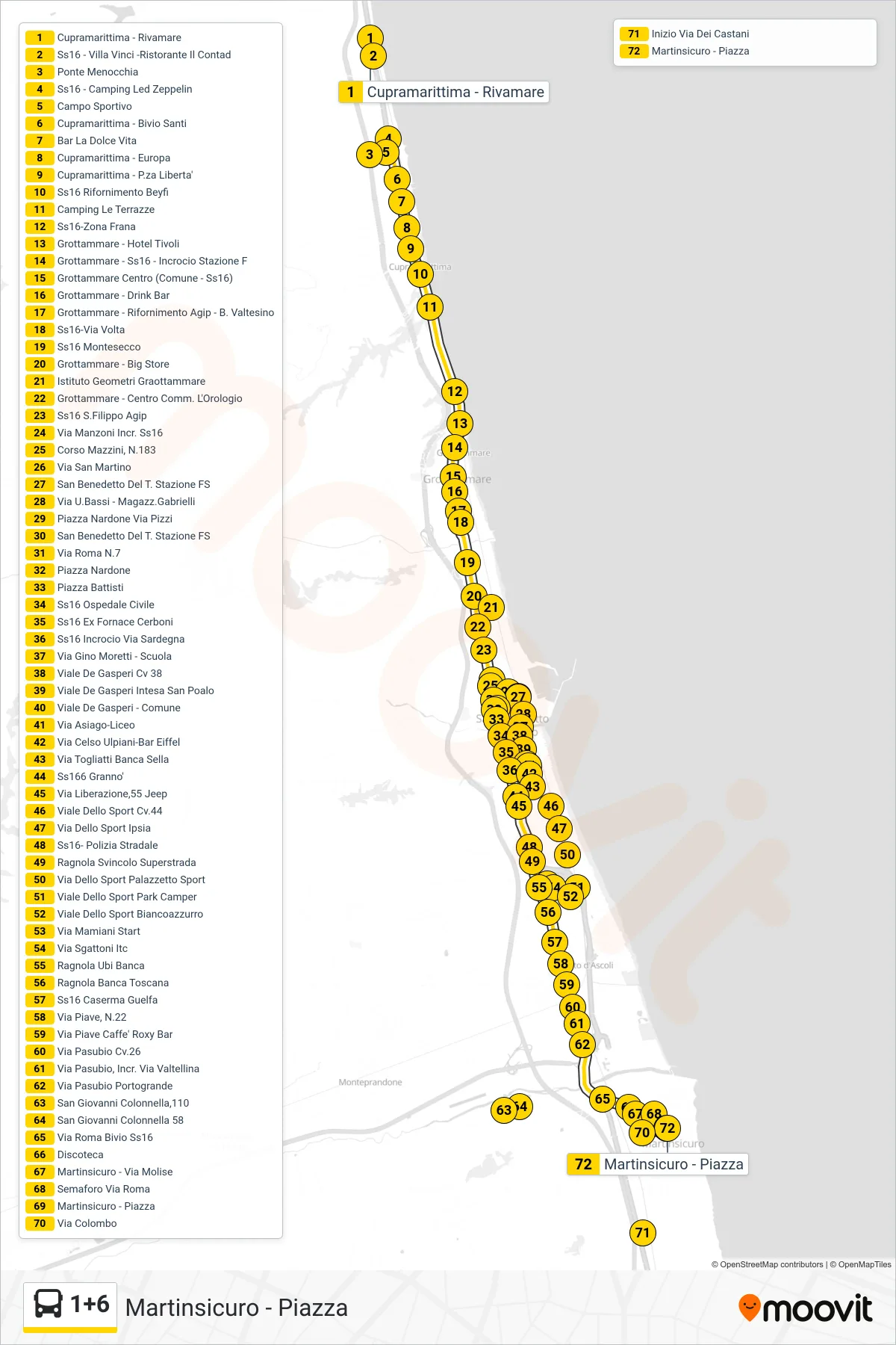 Linea 1+6  bus (Martinsicuro - Piazza) - Percorsi e fermate sulla mappa