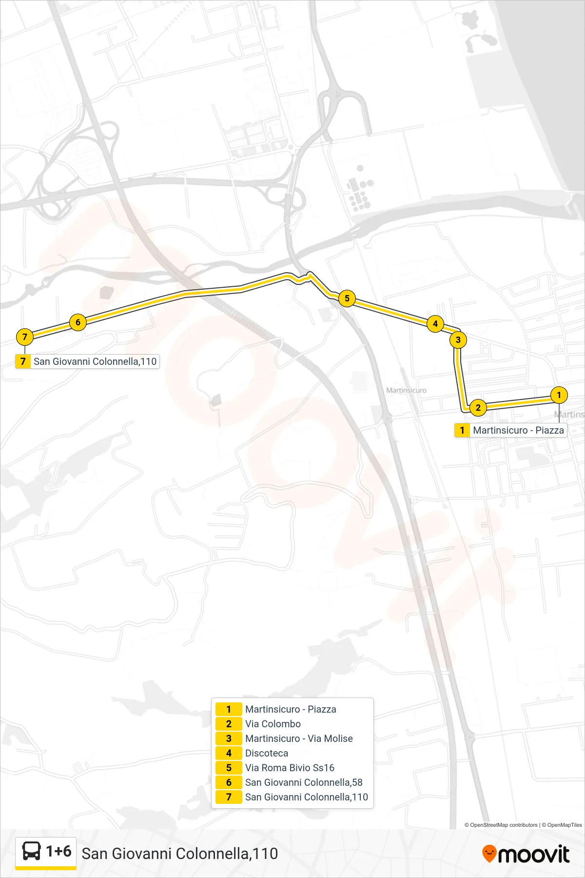 Linea 1+6  bus (San Giovanni Colonnella,110) - Percorsi e fermate sulla mappa