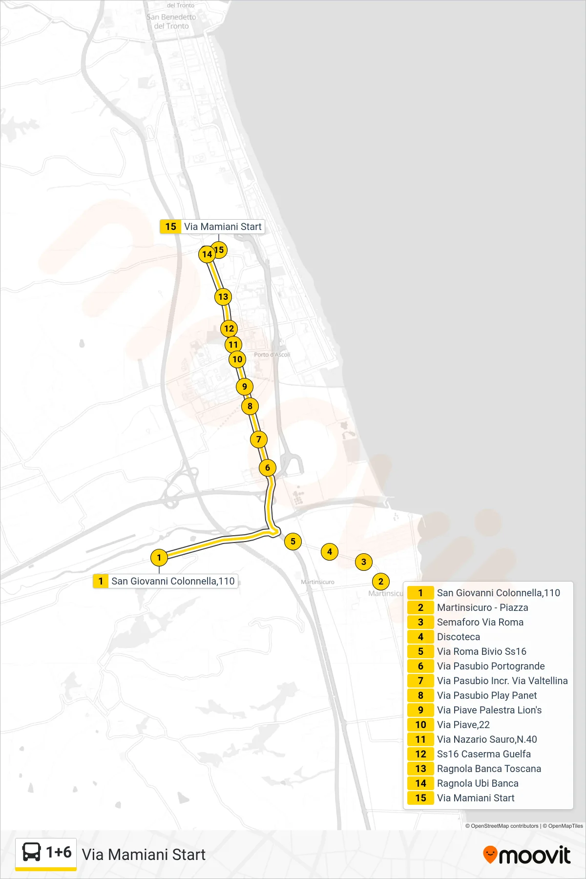 Linea 1+6  bus (Via Mamiani Start) - Percorsi e fermate sulla mappa