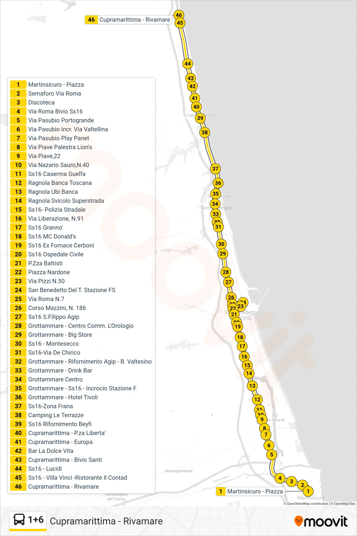 Linea 1+6  bus (Cupramarittima - Rivamare) - Percorsi e fermate sulla mappa
