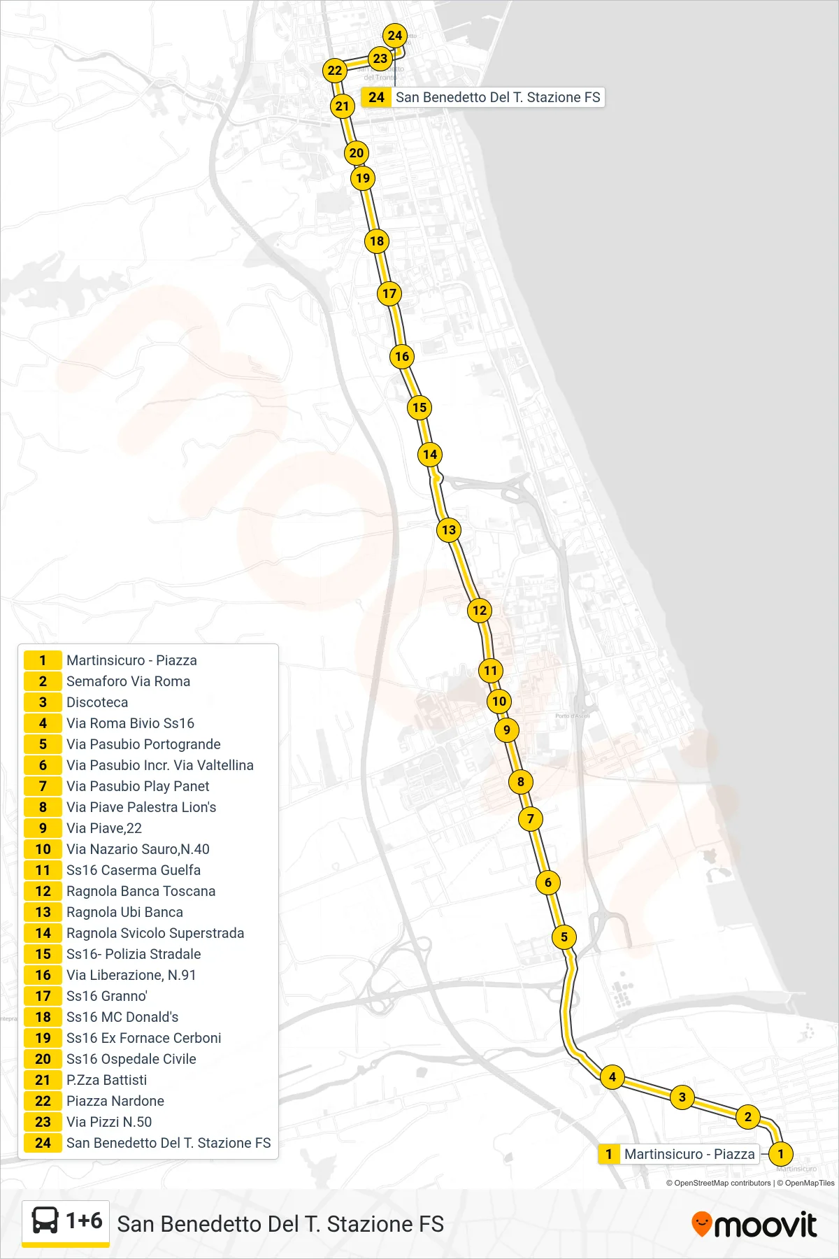 Linea 1+6  bus (San Benedetto Del T. Stazione FS) - Percorsi e fermate sulla mappa