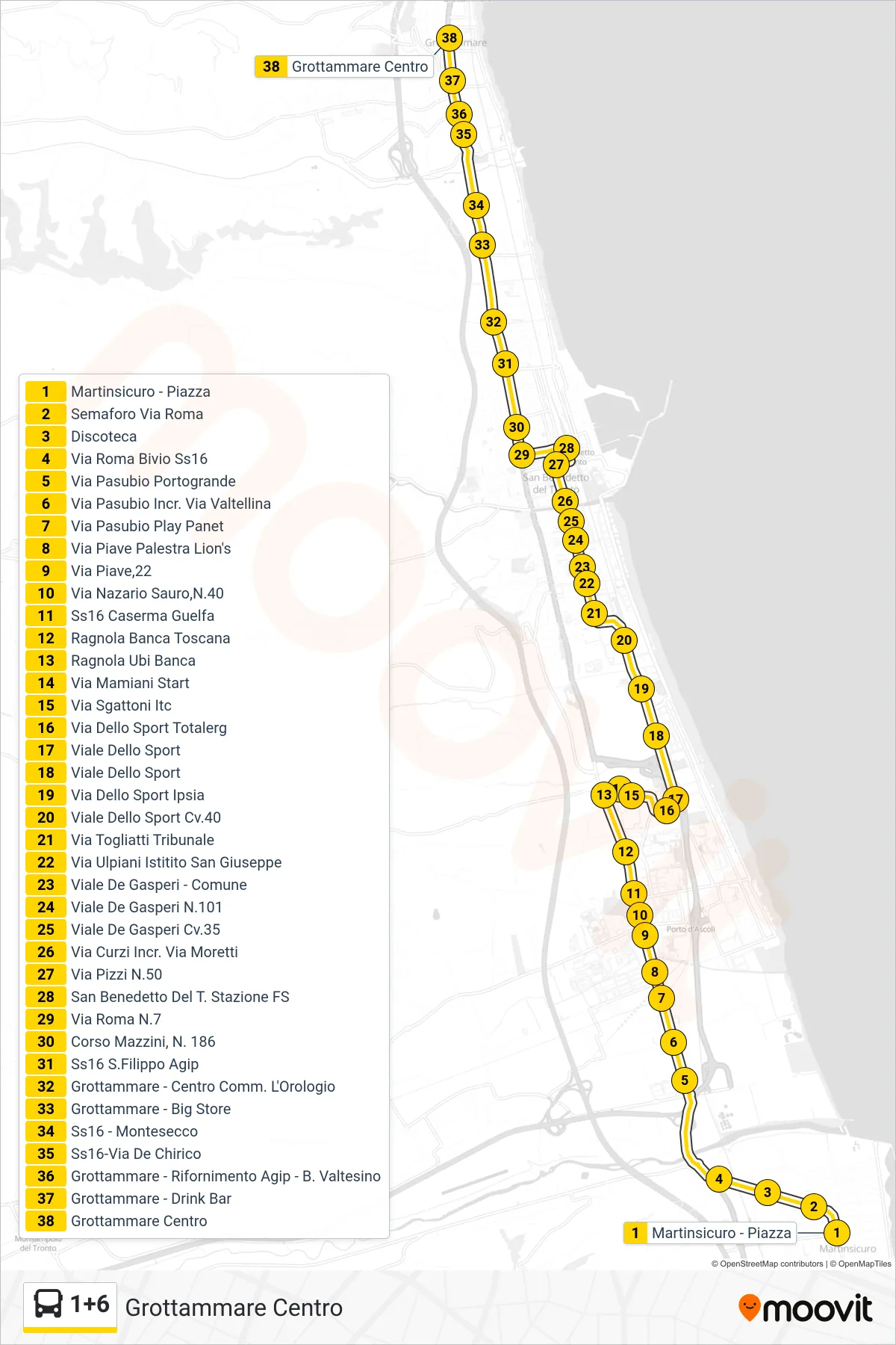 Linea 1+6 bus (Grottammare Centro) - Percorsi e fermate sulla mappa