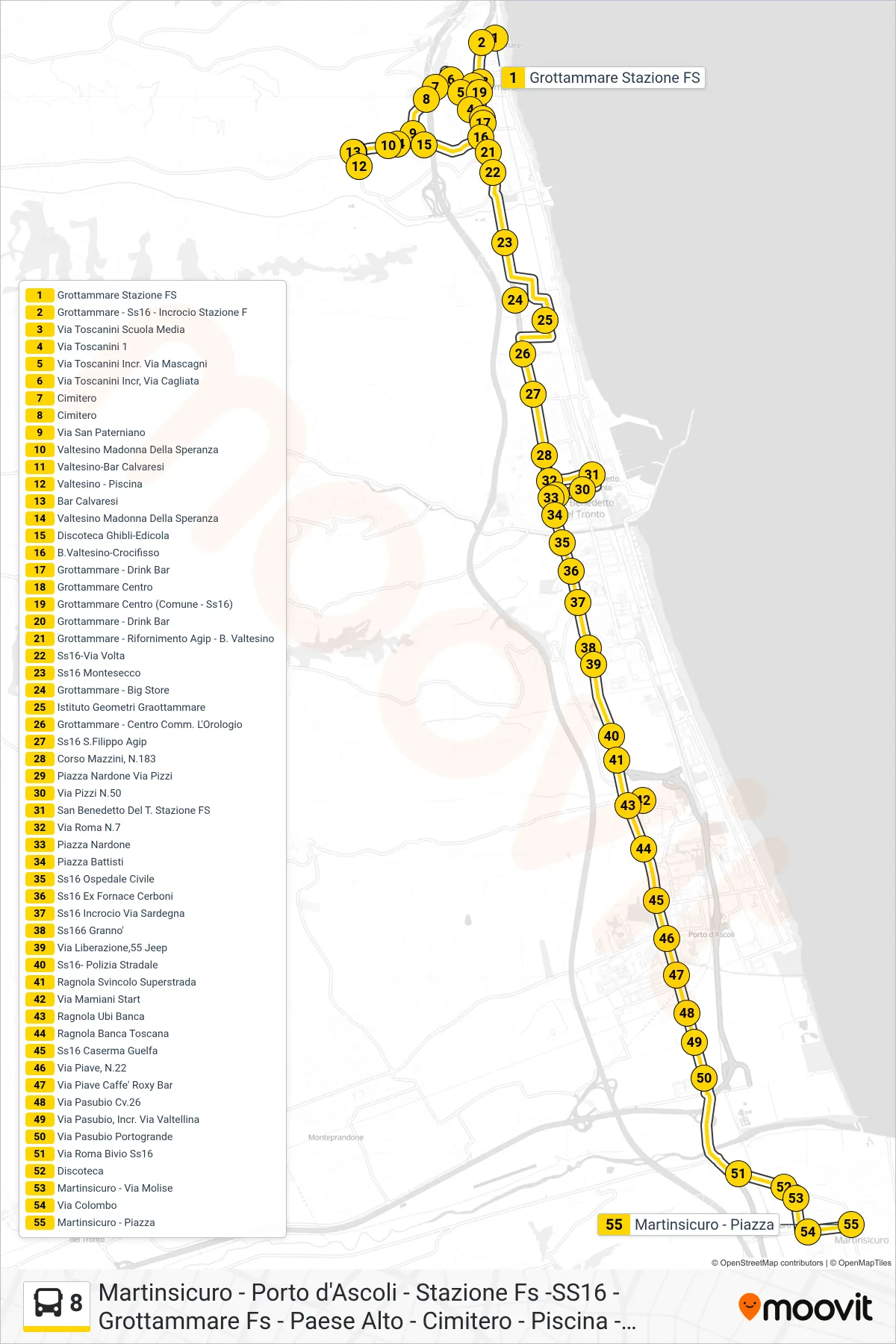 Linea 8 bus (Martinsicuro - Piazza) - Percorsi e fermate sulla mappa