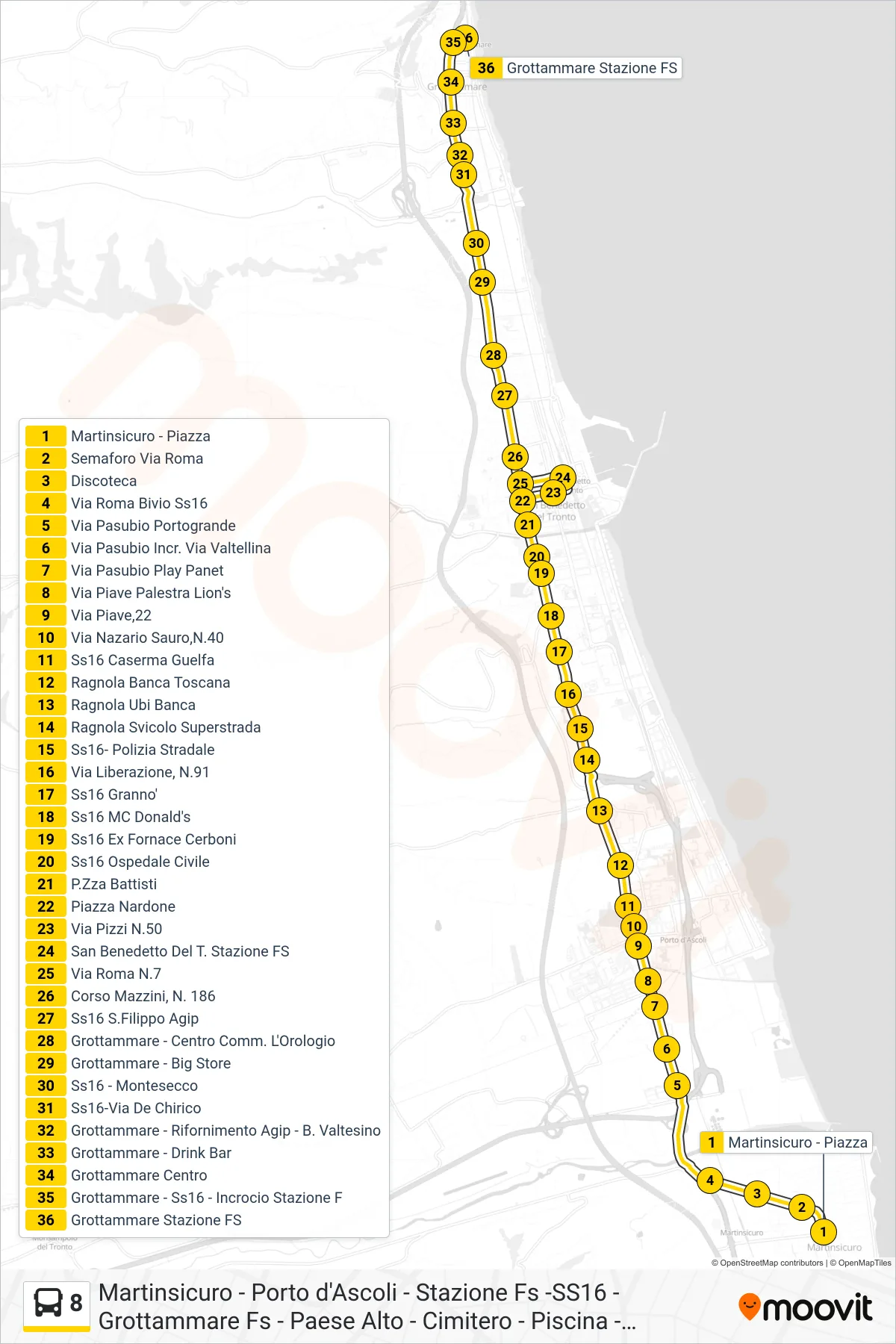 Linea 8 bus (Grottammare Stazione FS) - Percorsi e fermate sulla mappa