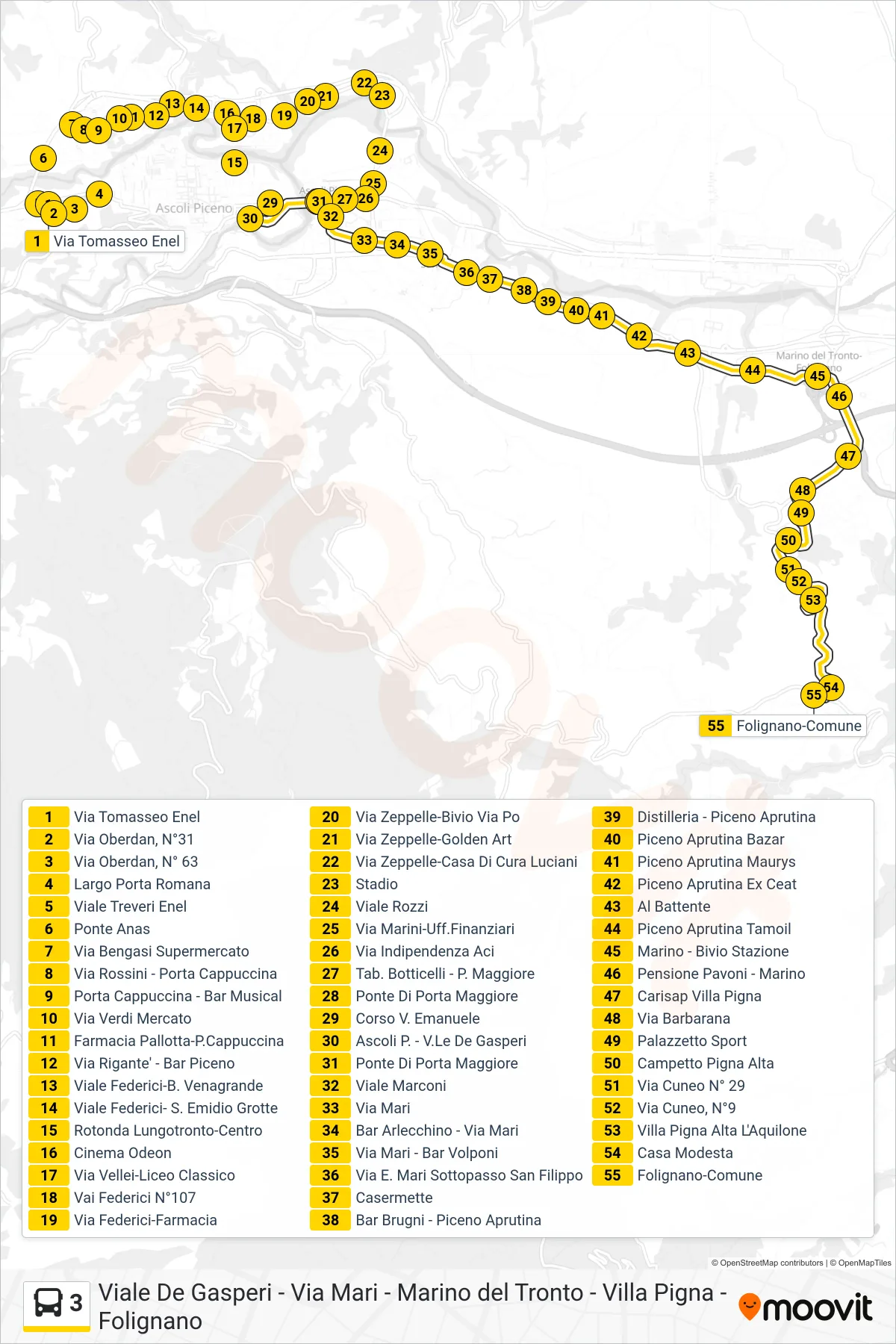 Linea 3 bus (Folignano-Comune) - Percorsi e fermate sulla mappa