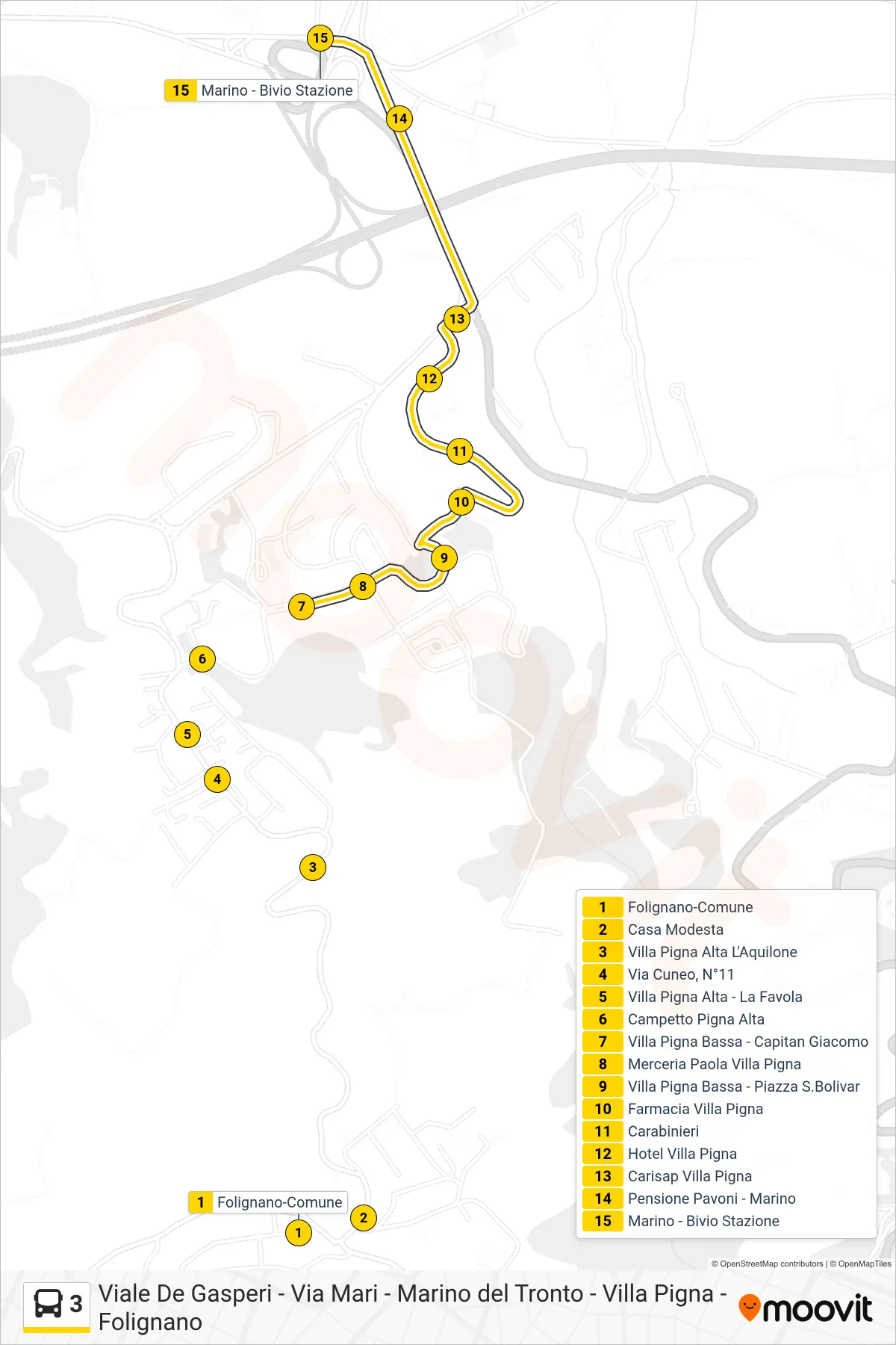 Linea 3 bus (Marino - Bivio Stazione) - Percorsi e fermate sulla mappa