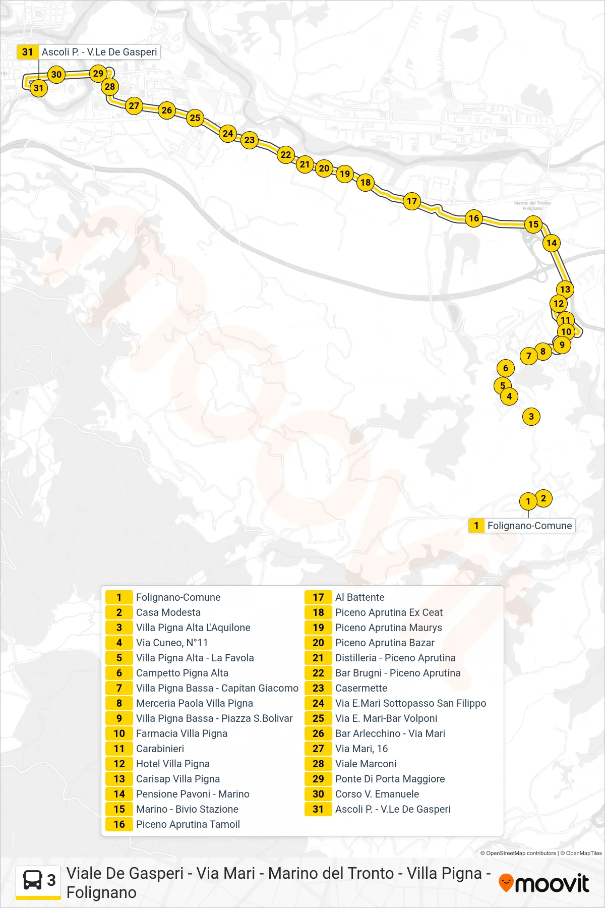 Linea 3  bus (Ascoli P. - V.Le De Gasperi) - Percorsi e fermate sulla mappa