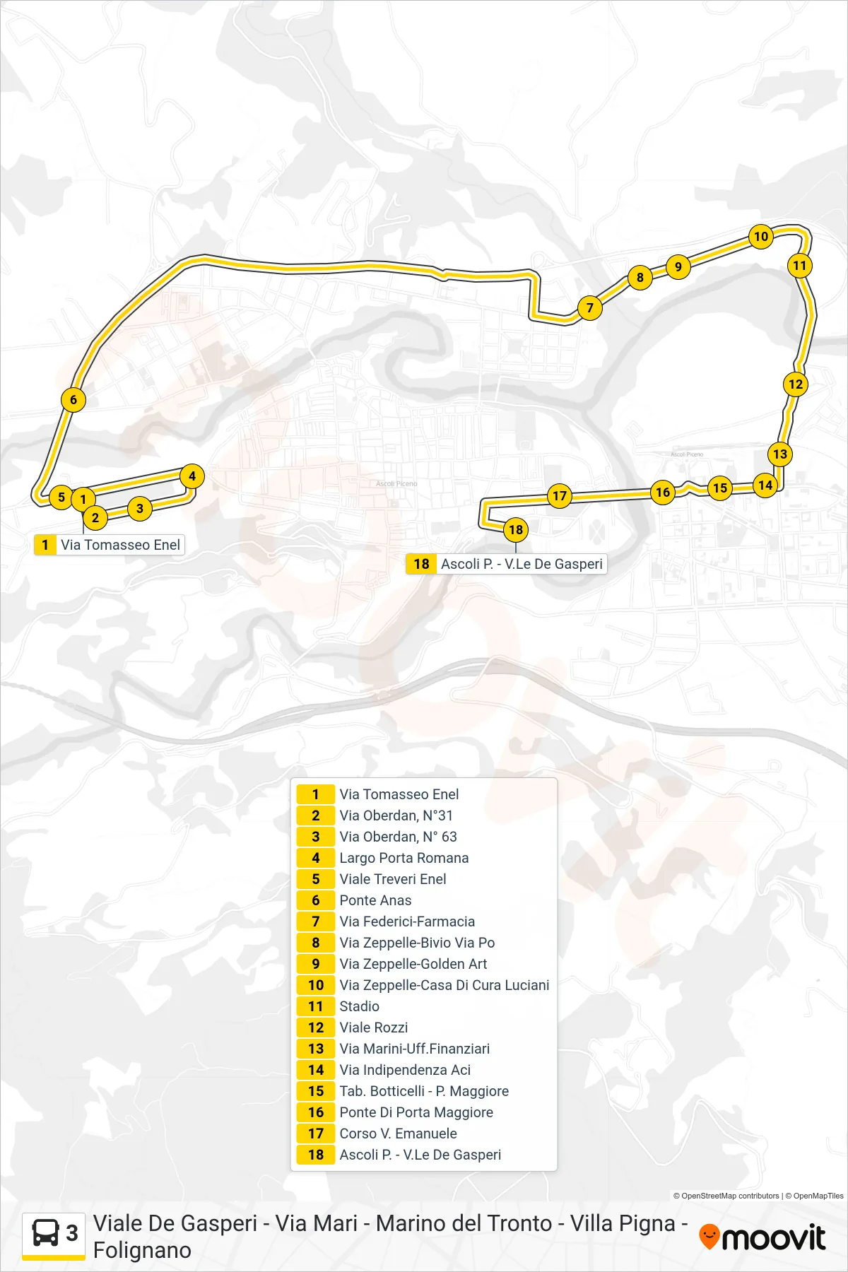 Linea 3  bus (Ascoli P. - V.Le De Gasperi) - Percorsi e fermate sulla mappa