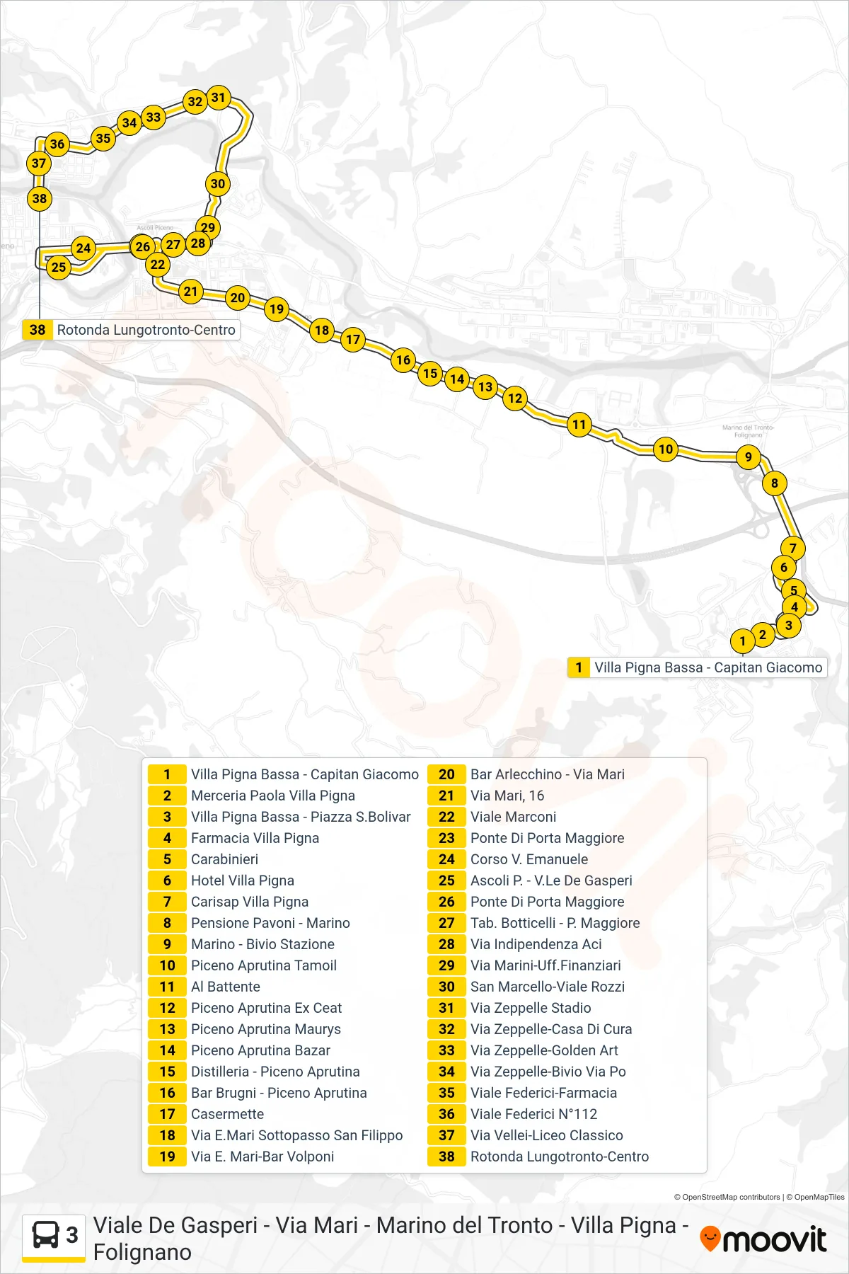 Linea 3 bus (Rotonda Lungotronto-Centro) - Percorsi e fermate sulla mappa