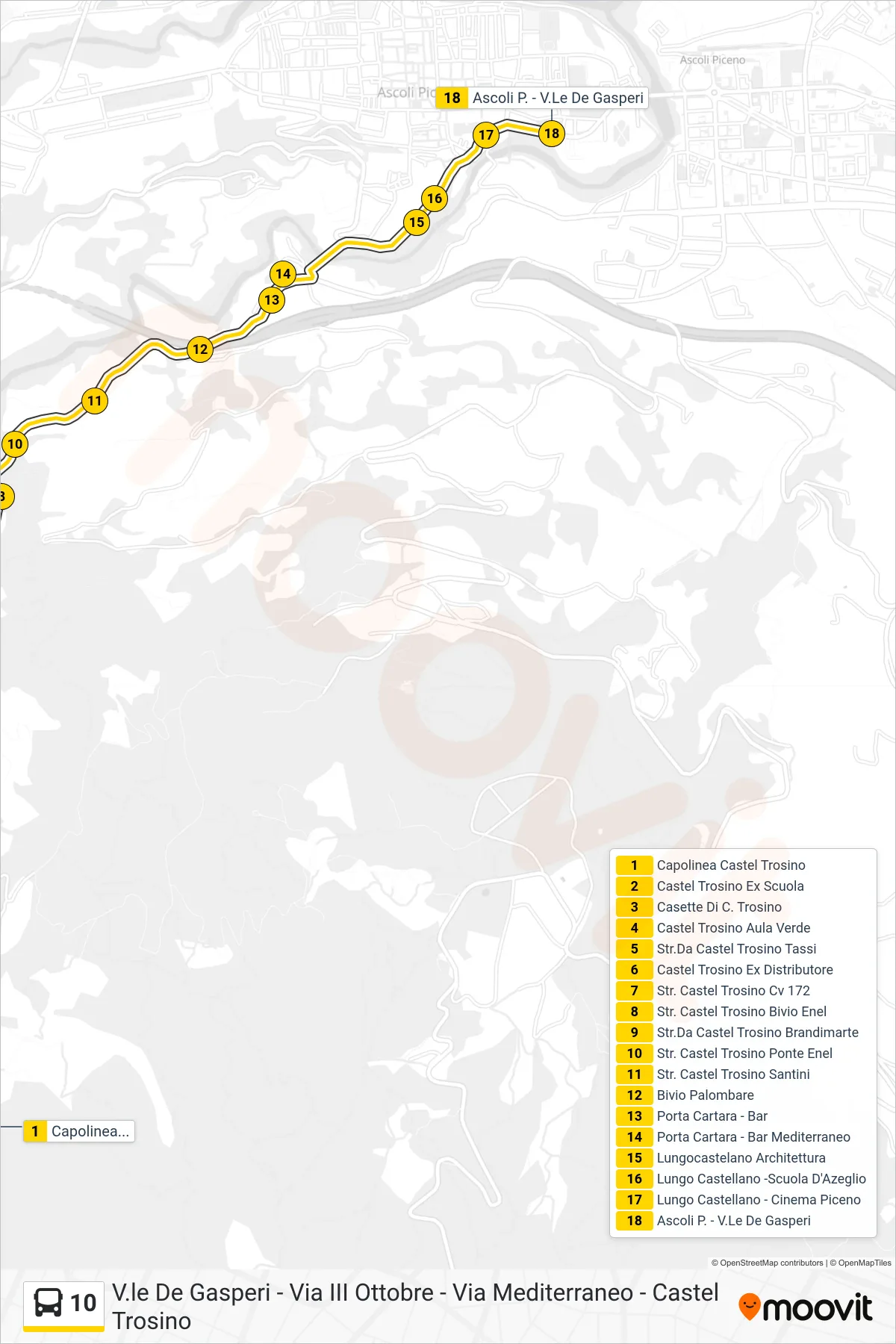 Linea 10  bus (Ascoli P. - V.Le De Gasperi) - Percorsi e fermate sulla mappa