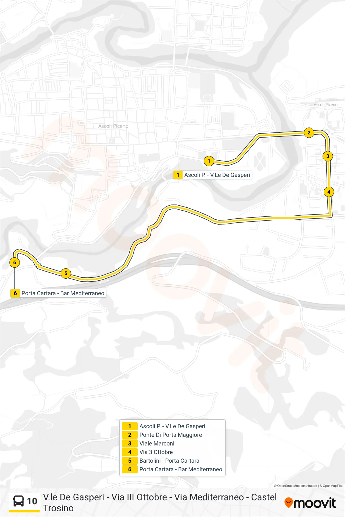 Linea 10 bus (Porta Cartara - Bar Mediterraneo) - Percorsi e fermate sulla mappa