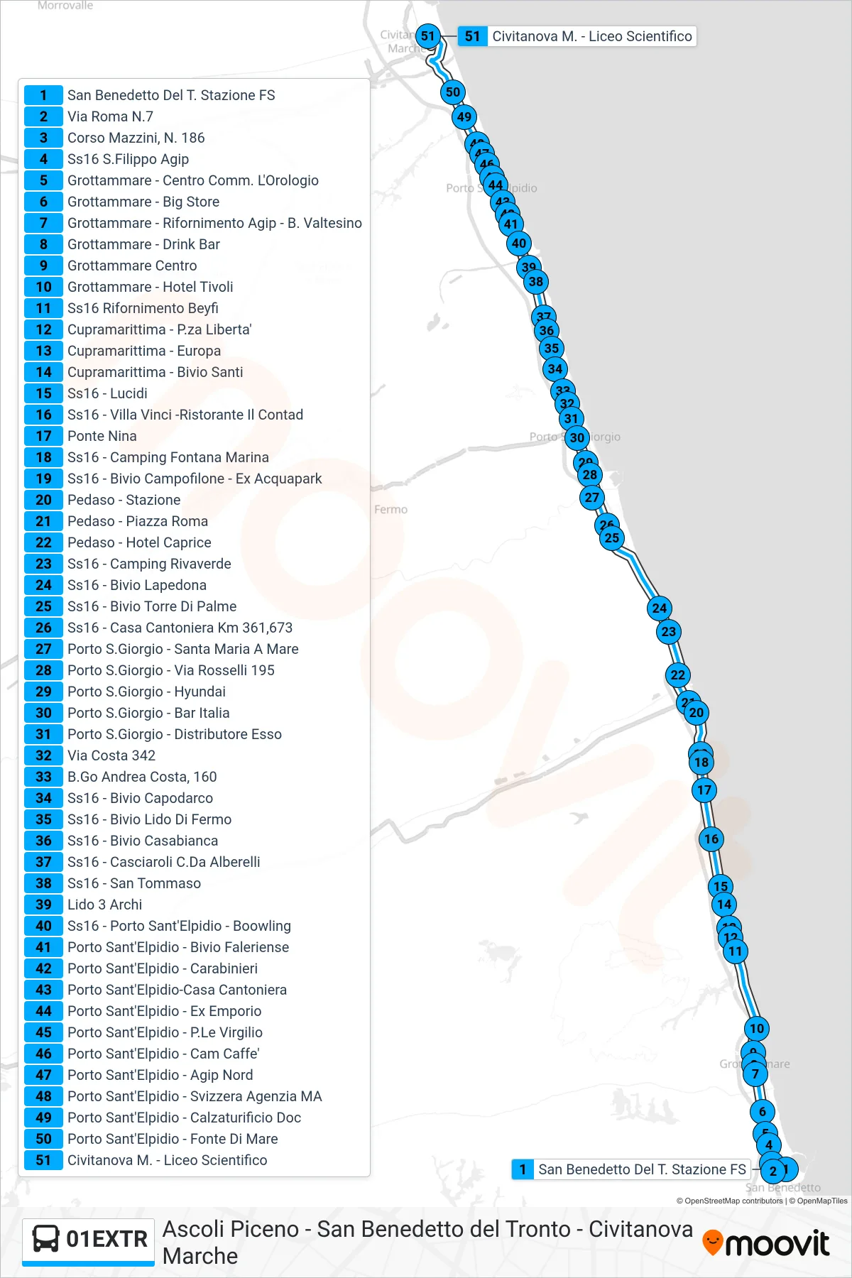 Linea 01EXTR bus (Civitanova M. - Liceo Scientifico) - Percorsi e fermate sulla mappa