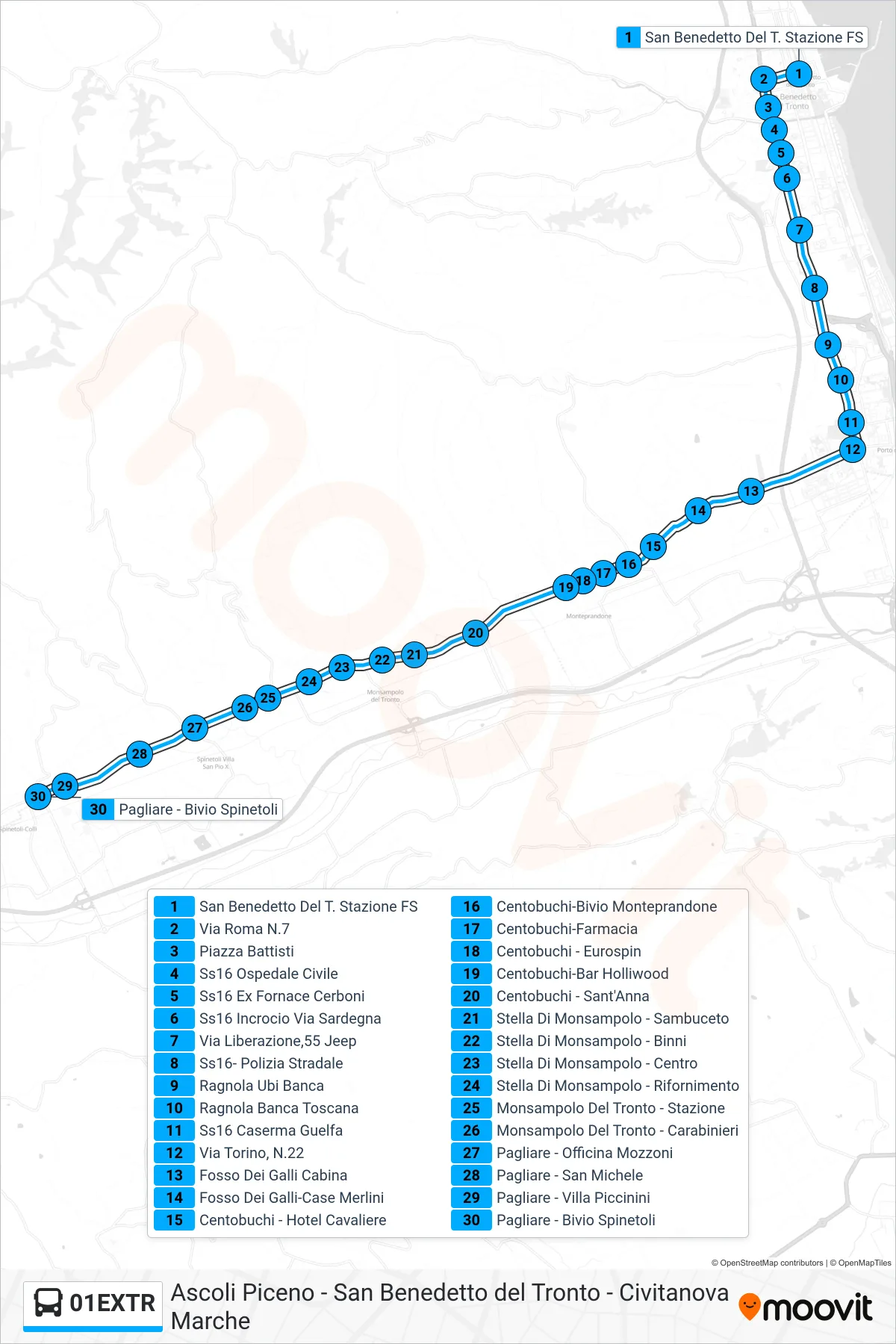 Linea 01EXTR bus (Pagliare - Bivio Spinetoli) - Percorsi e fermate sulla mappa