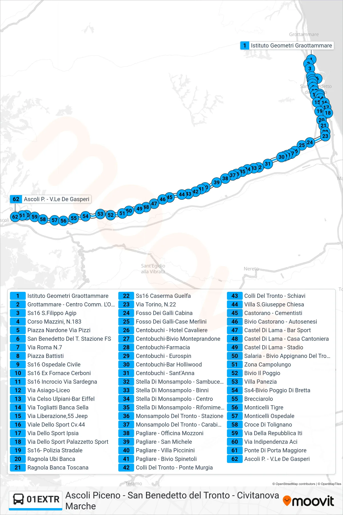 Linea 01EXTR bus (Ascoli P. - V.Le De Gasperi) - Percorsi e fermate sulla mappa