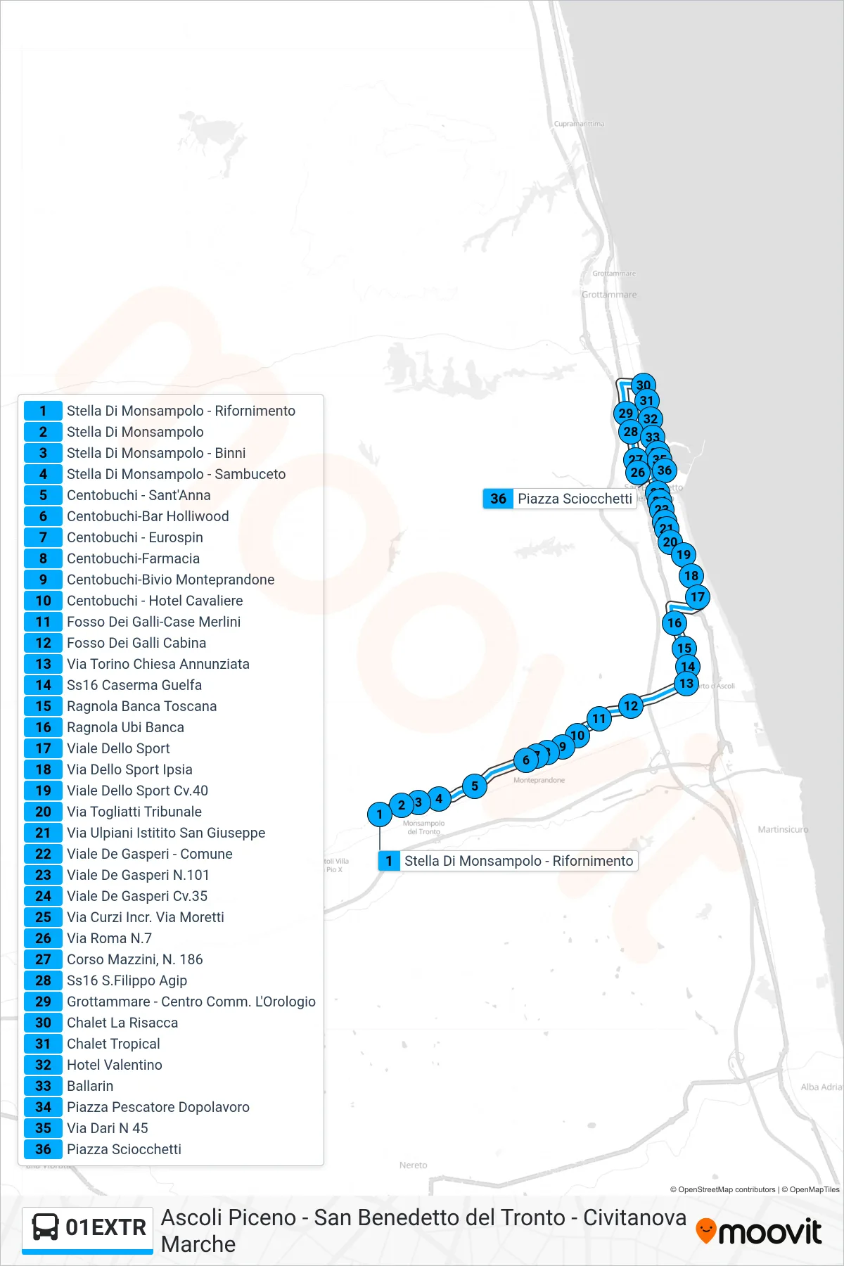 Linea 01EXTR  bus (Piazza Sciocchetti) - Percorsi e fermate sulla mappa