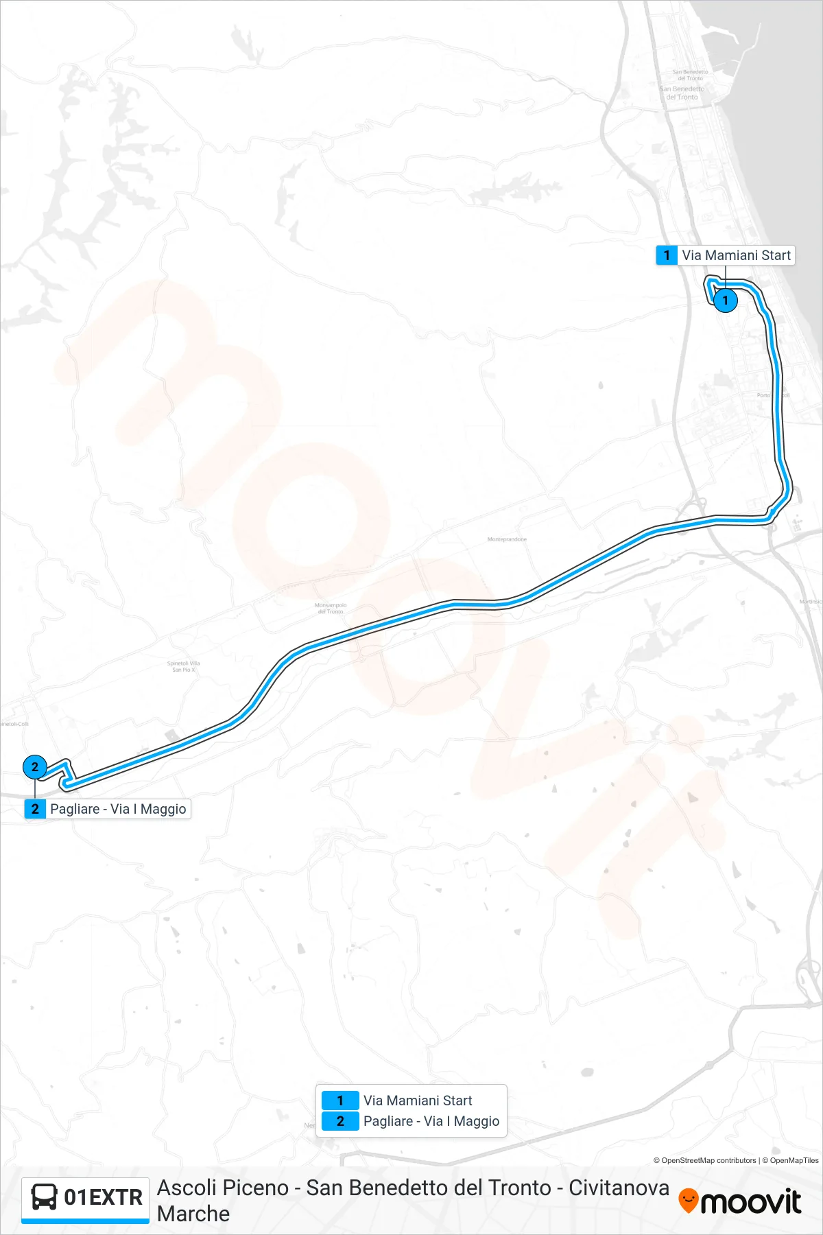 Linea 01EXTR  bus (Pagliare - Via I Maggio) - Percorsi e fermate sulla mappa