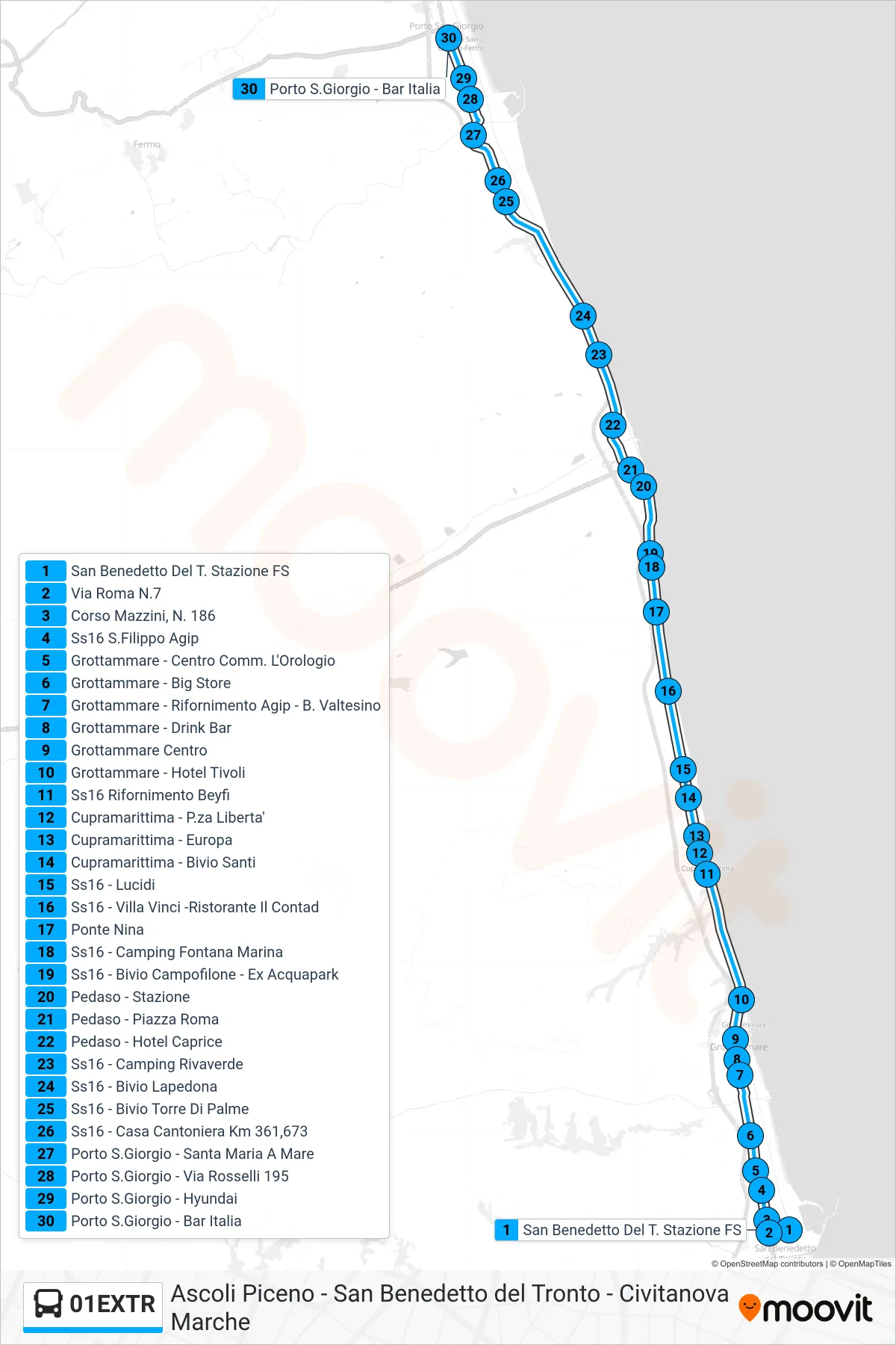 Linea 01EXTR  bus (Porto S.Giorgio - Bar Italia) - Percorsi e fermate sulla mappa
