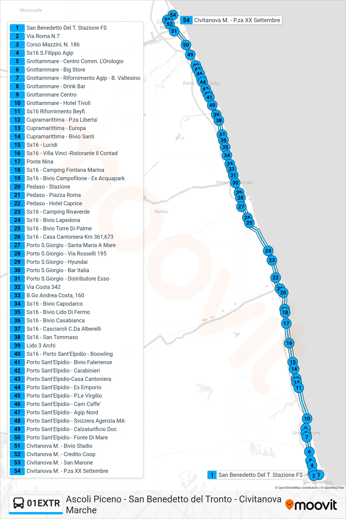 Linea 01EXTR bus (Civitanova M. - P.za XX Settembre) - Percorsi e fermate sulla mappa