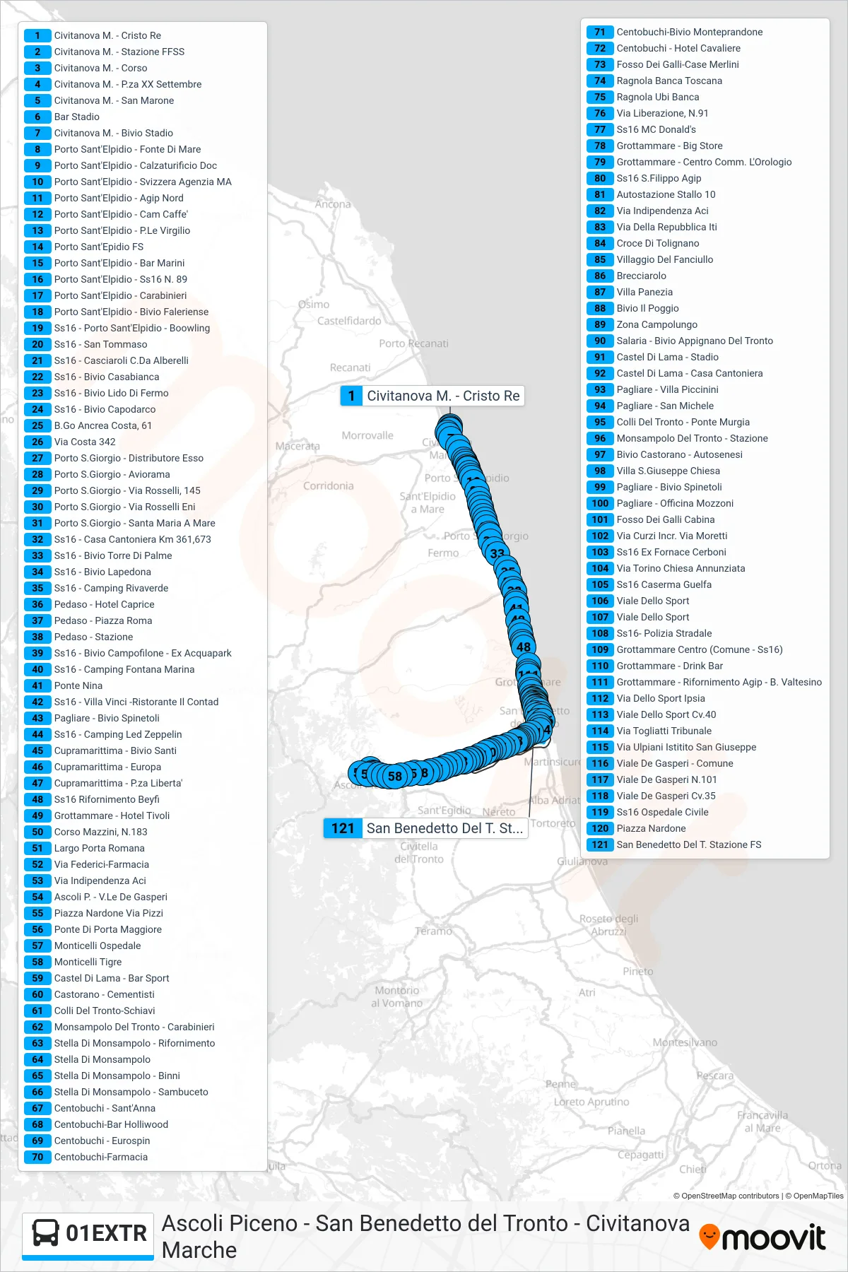 Linea 01EXTR bus (San Benedetto Del T. Stazione FS) - Percorsi e fermate sulla mappa
