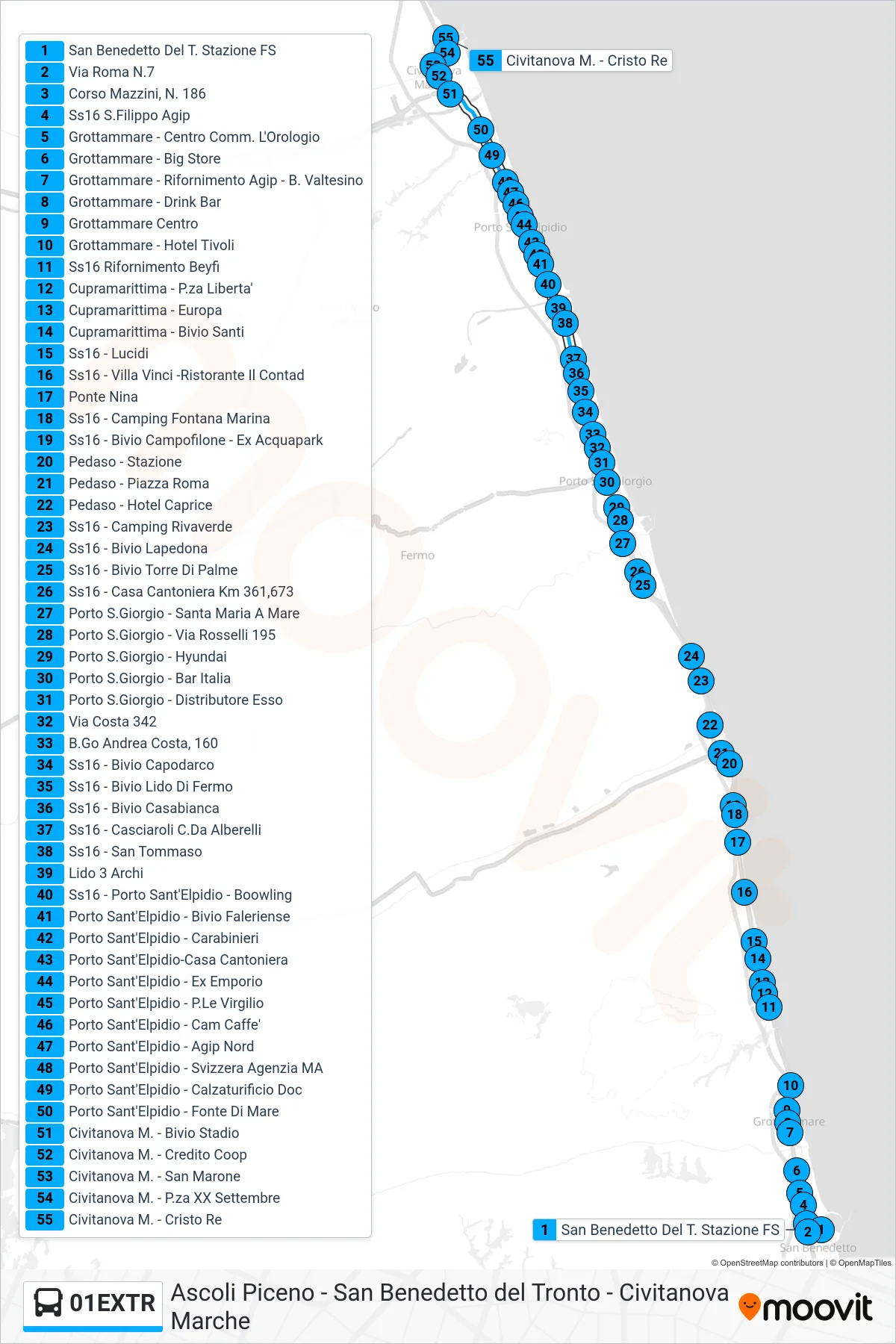 Linea 01EXTR bus (Civitanova M. - Cristo Re) - Percorsi e fermate sulla mappa