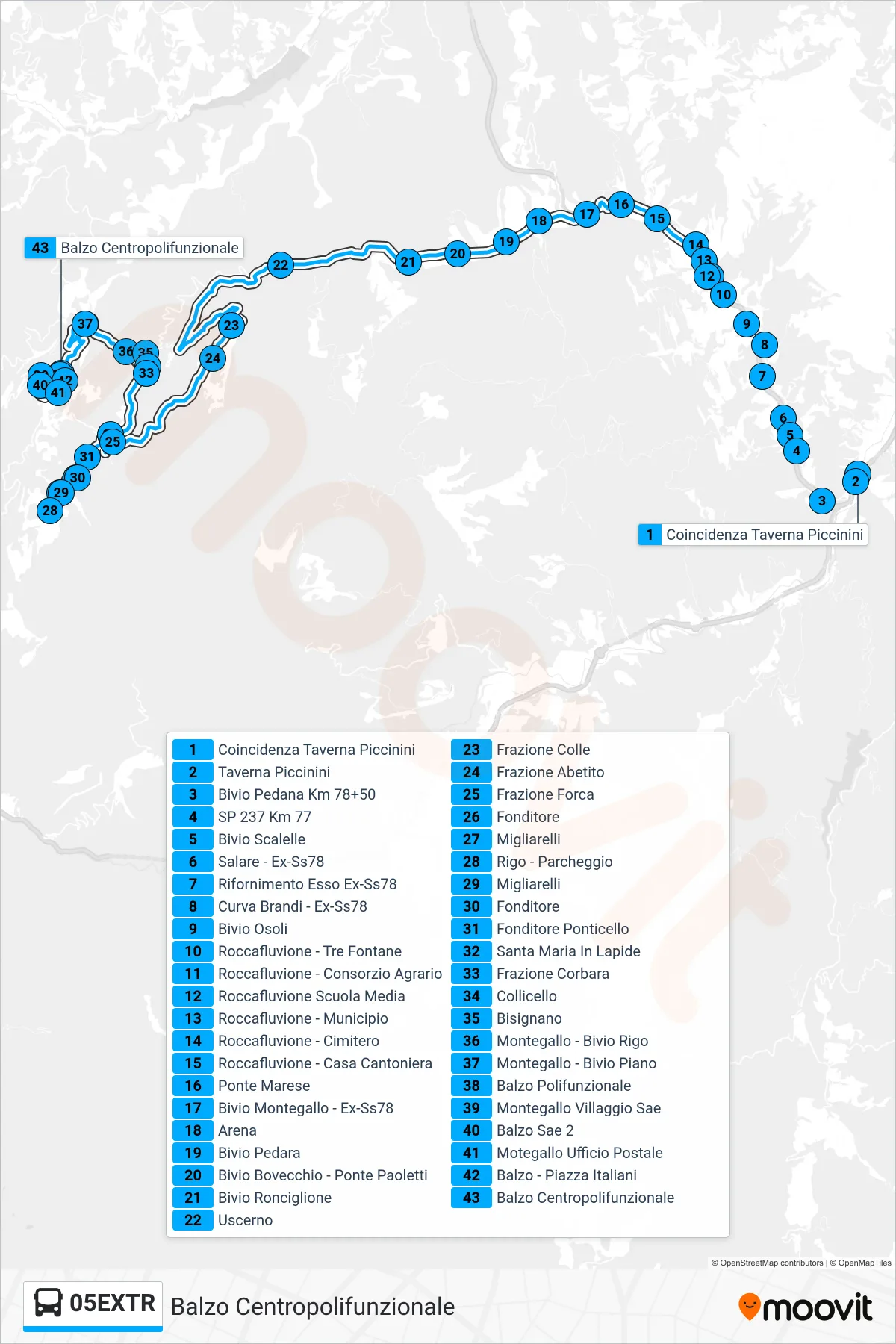 Linea 05EXTR bus (Balzo Centropolifunzionale) - Percorsi e fermate sulla mappa