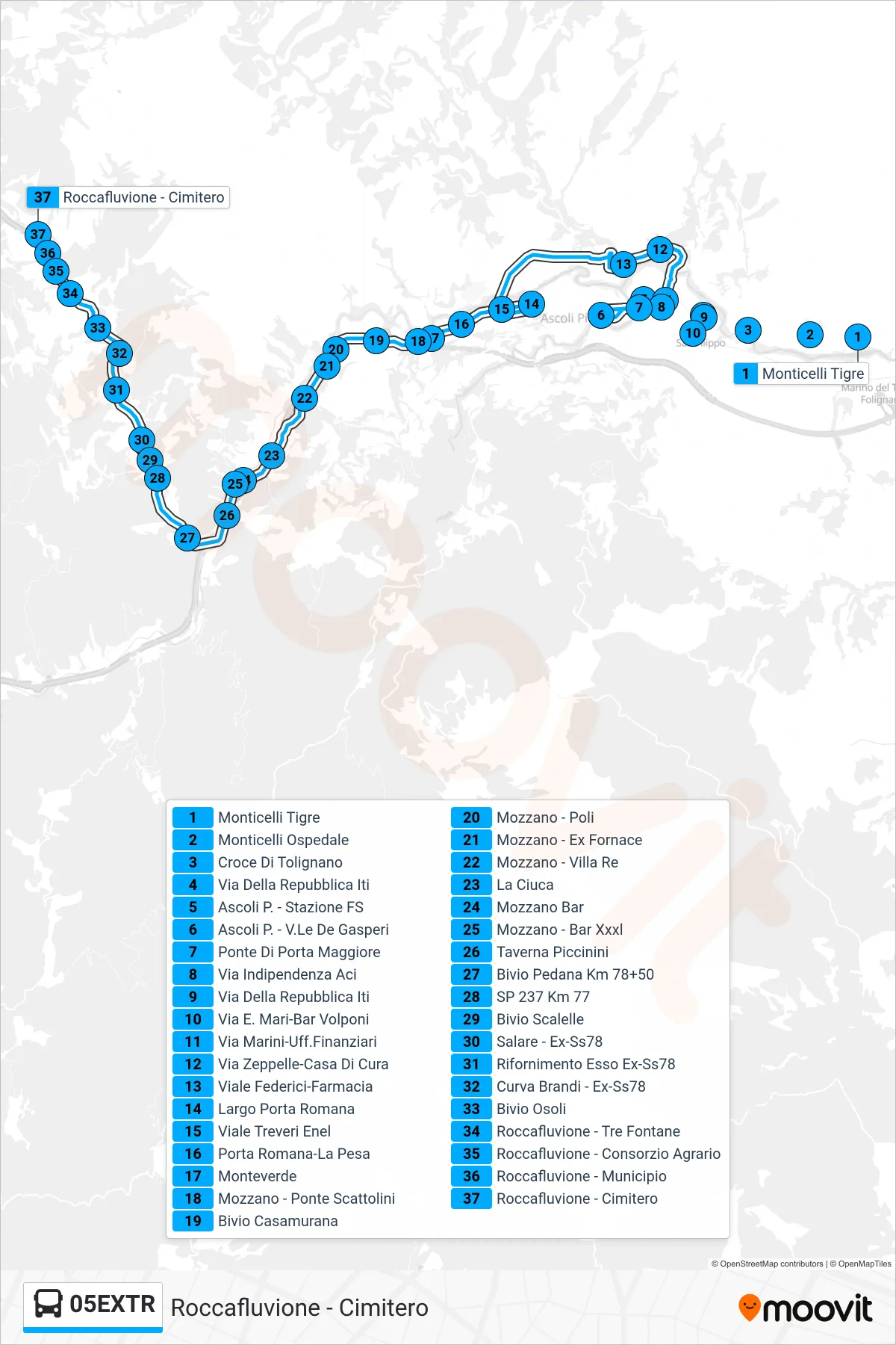 Linea 05EXTR bus (Roccafluvione - Cimitero) - Percorsi e fermate sulla mappa
