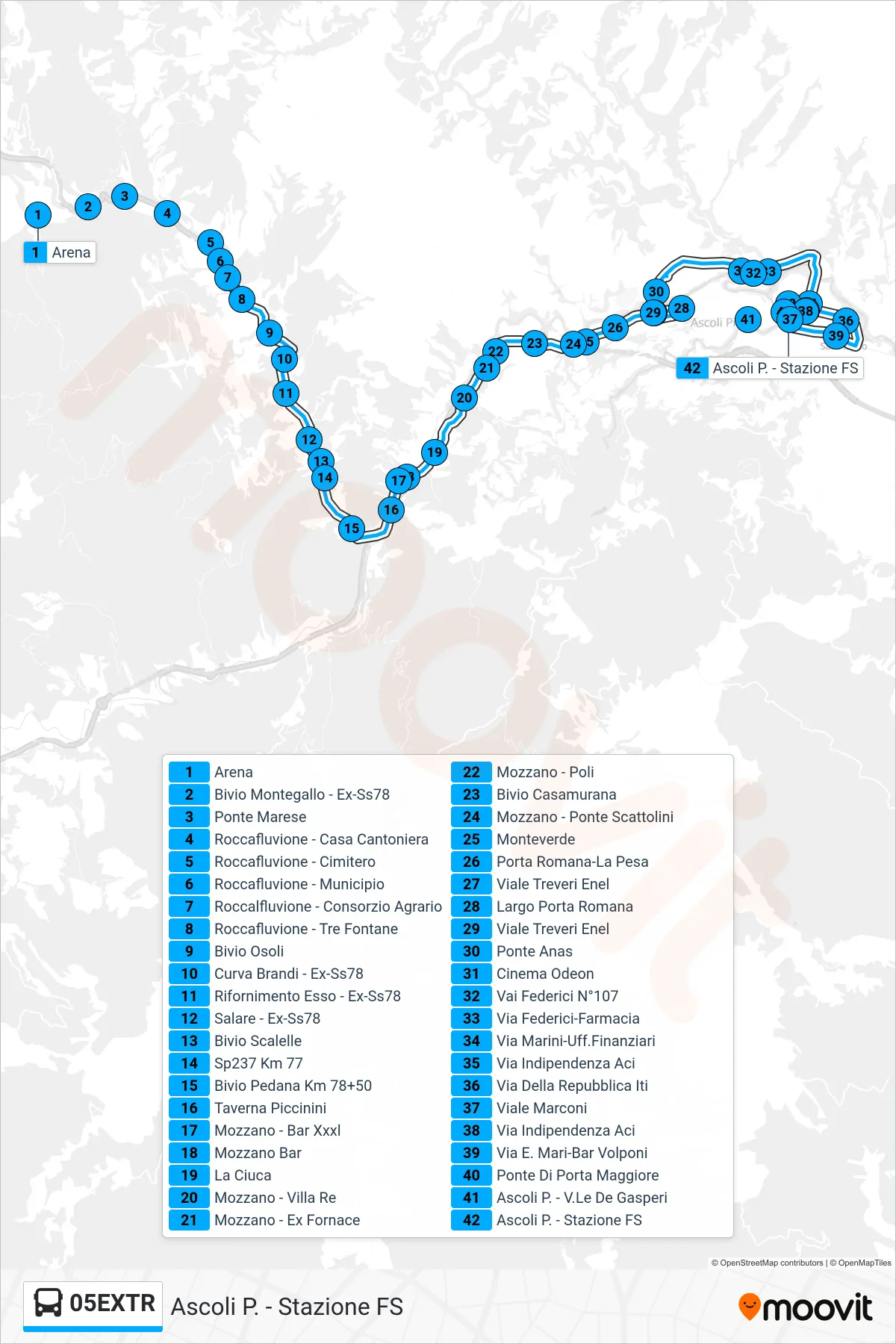 Linea 05EXTR  bus (Ascoli P. - Stazione FS) - Percorsi e fermate sulla mappa