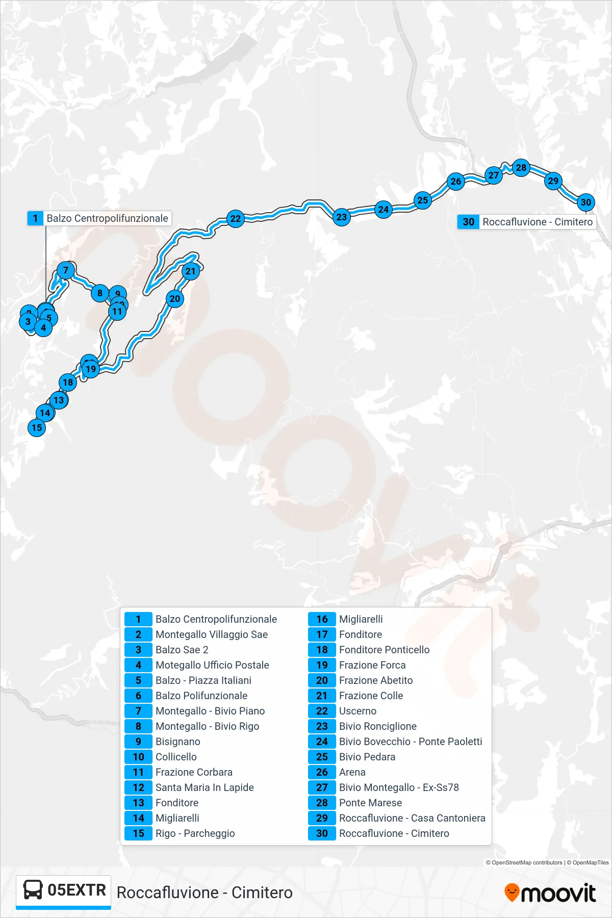 Linea 05EXTR  bus (Roccafluvione - Cimitero) - Percorsi e fermate sulla mappa