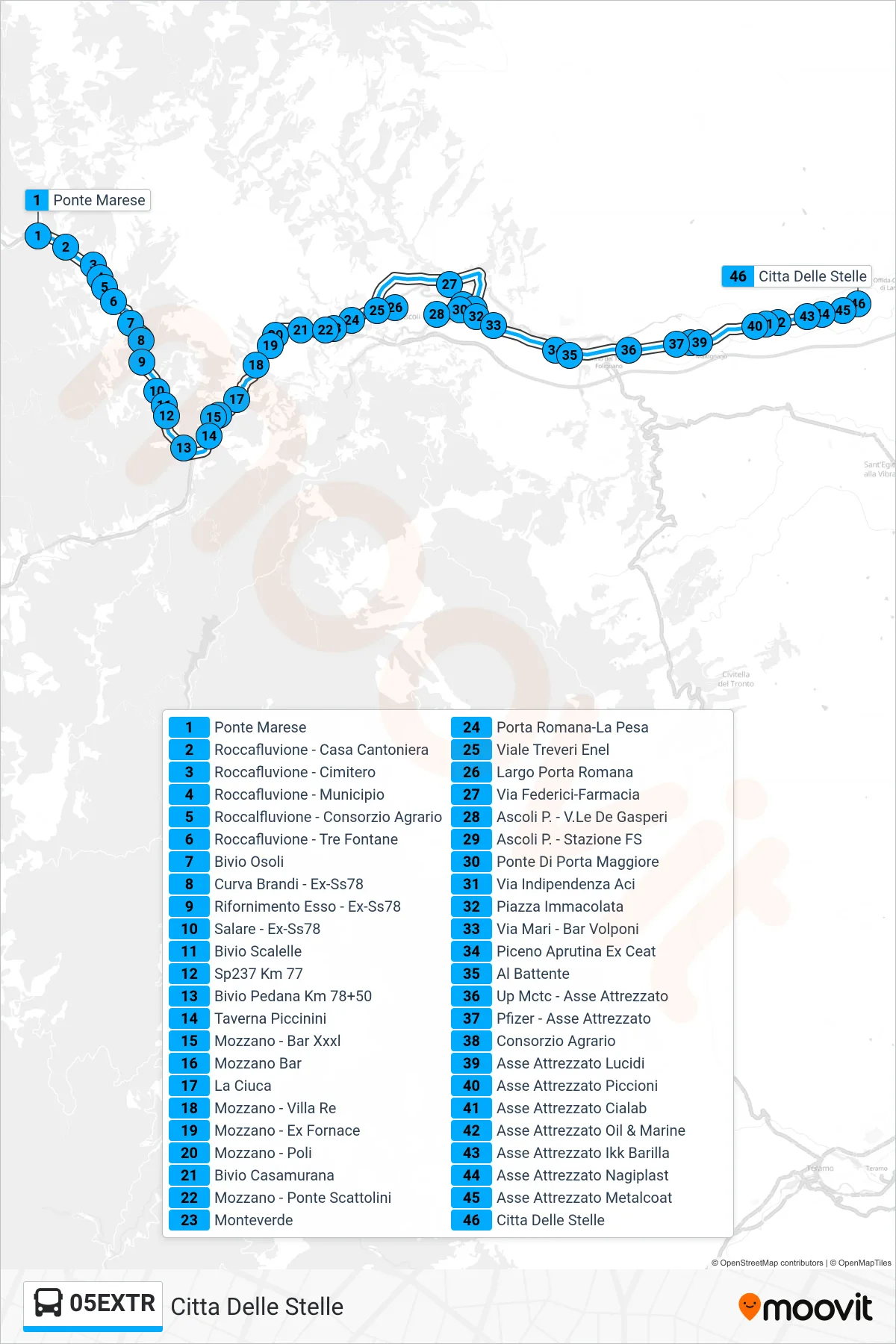 Linea 05EXTR  bus (Citta Delle Stelle) - Percorsi e fermate sulla mappa