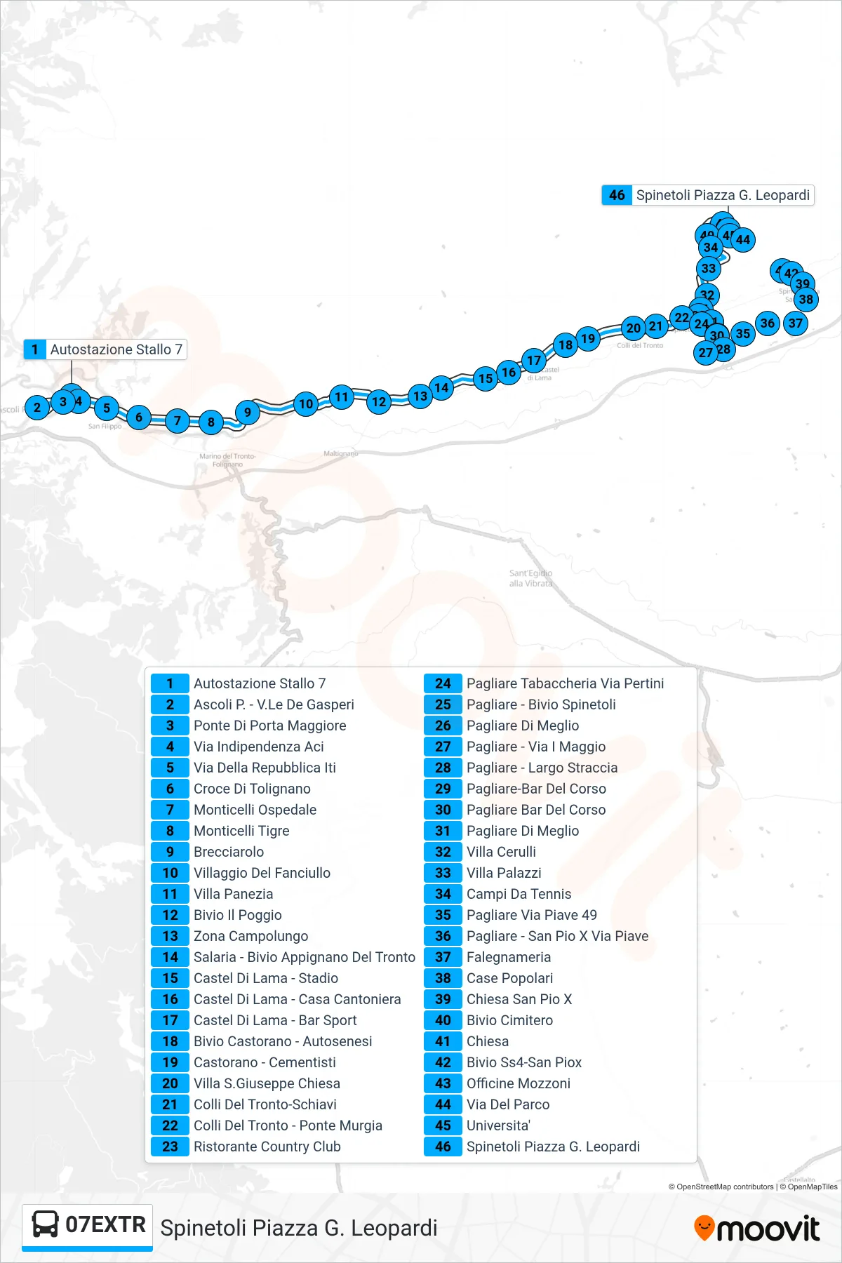 Linea 07EXTR bus (Spinetoli Piazza G. Leopardi) - Percorsi e fermate sulla mappa