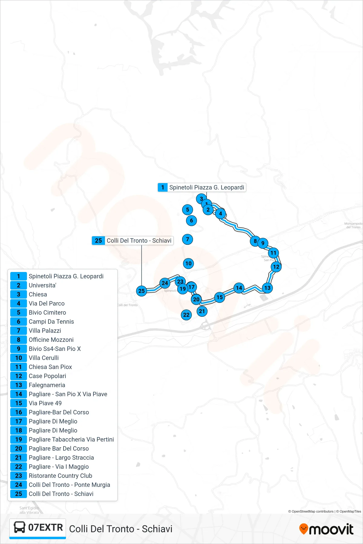 07EXTR bus Line (Colli Del Tronto - Schiavi) route and stops on a map