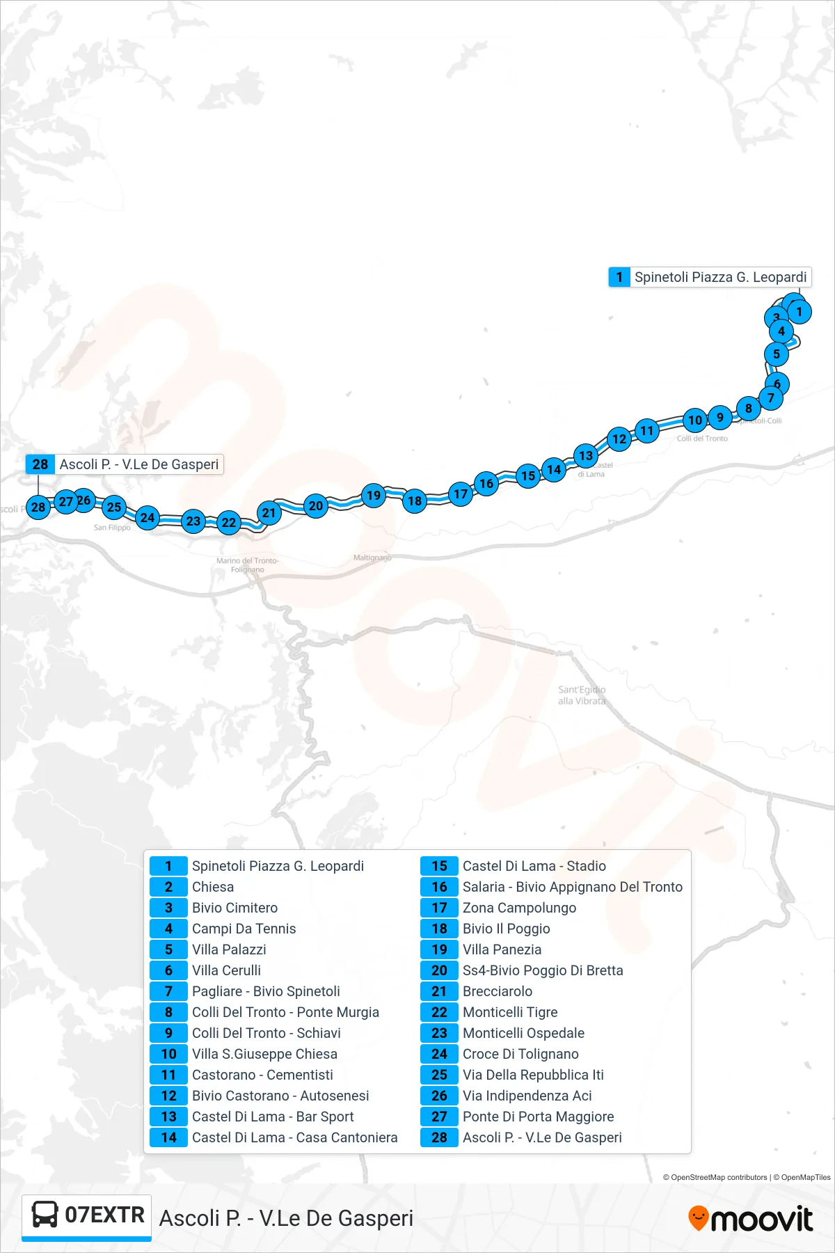 Linea 07EXTR bus (Ascoli P. - V.Le De Gasperi) - Percorsi e fermate sulla mappa
