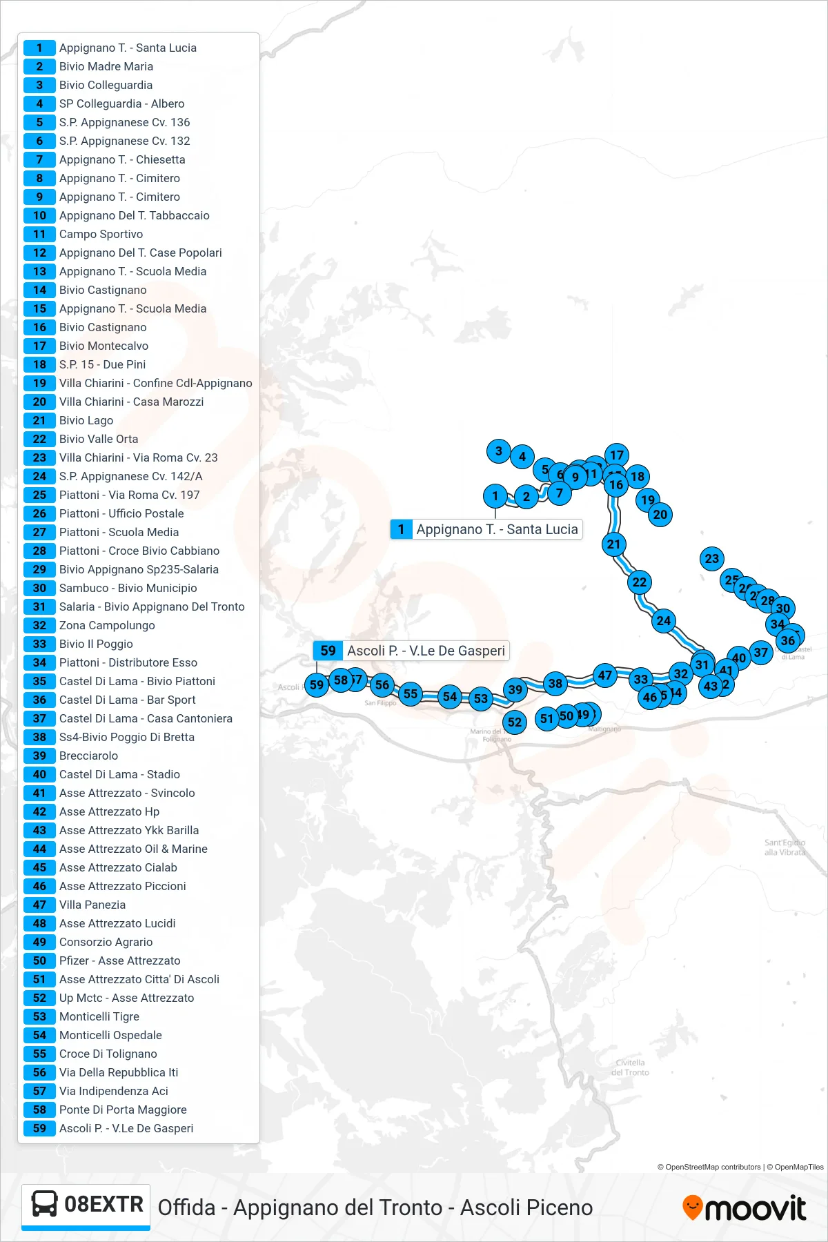 Linea 08EXTR  bus (Ascoli P. - V.Le De Gasperi) - Percorsi e fermate sulla mappa