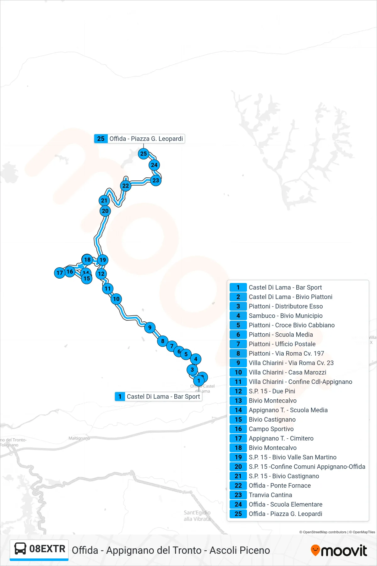 Linea 08EXTR  bus (Offida - Piazza G. Leopardi) - Percorsi e fermate sulla mappa