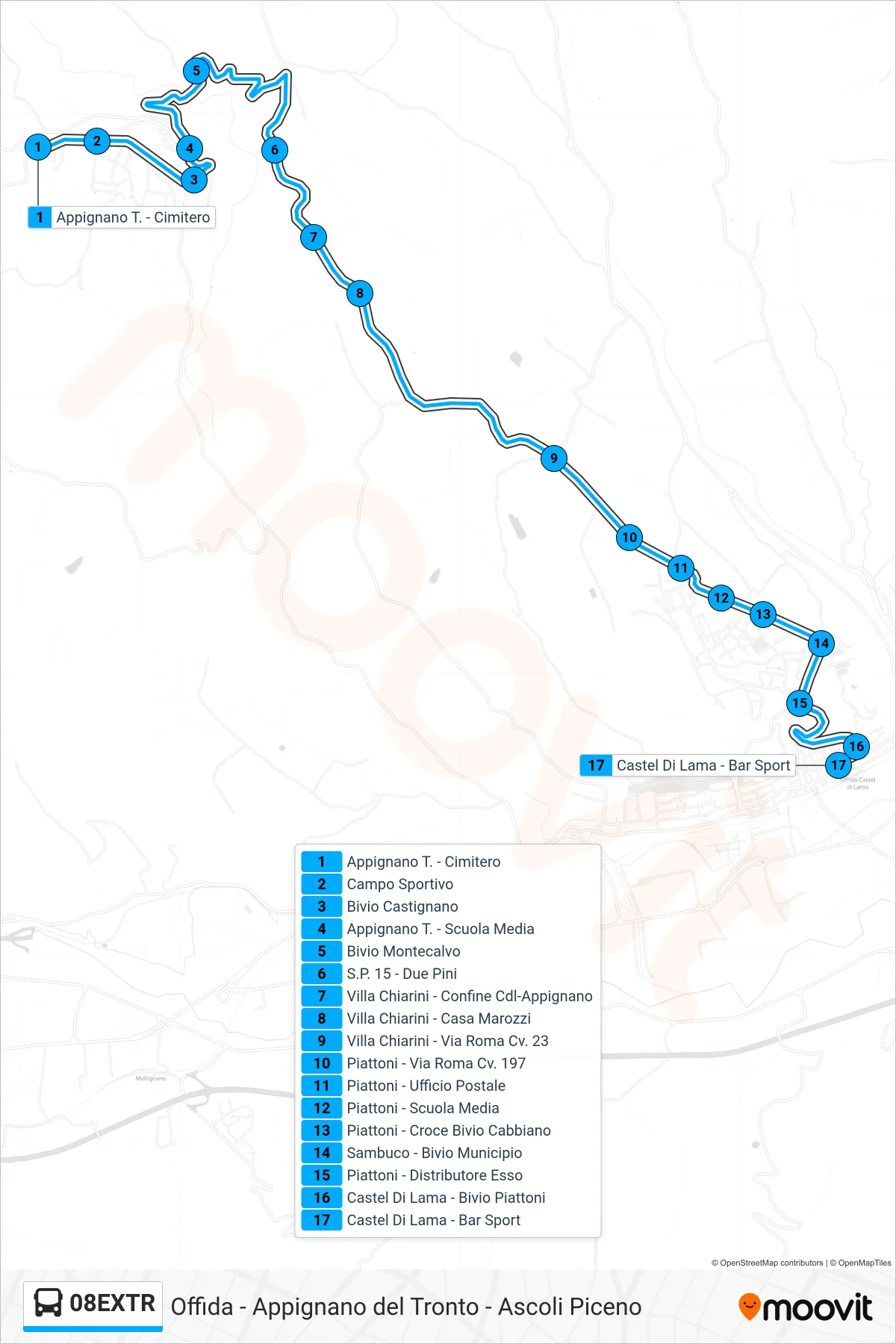 Linea 08EXTR bus (Castel Di Lama - Bar Sport) - Percorsi e fermate sulla mappa