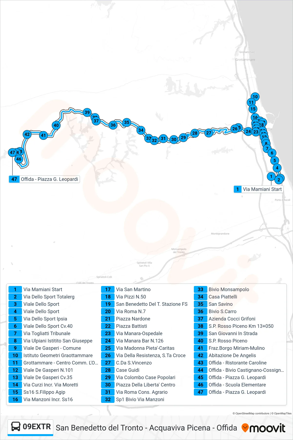 Linea 09EXTR  bus (Offida - Piazza G. Leopardi) - Percorsi e fermate sulla mappa